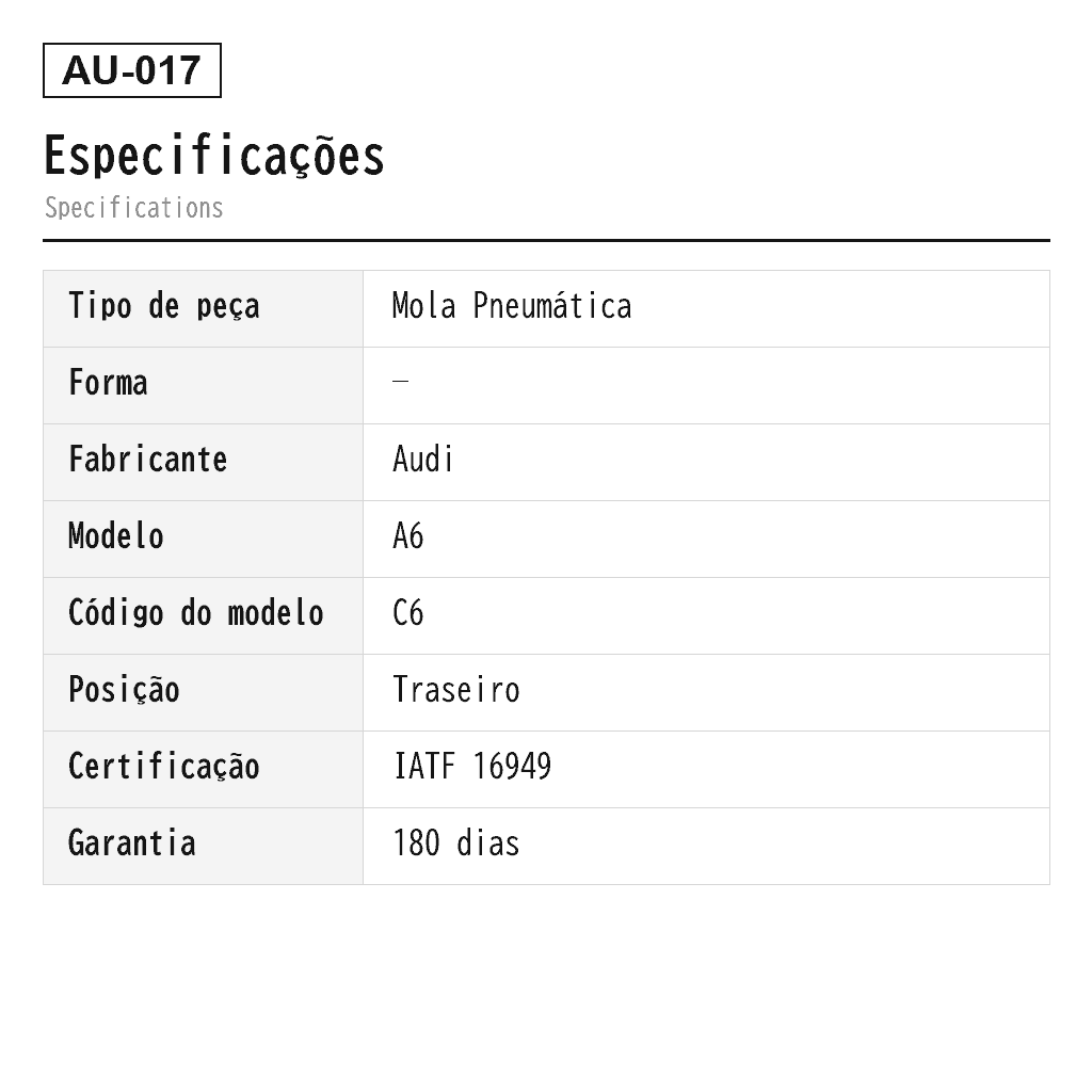 Audi A6 C6/4F 2004-2011 Traseiro Mola Pneumática (4F0616001, 4F0616001J, 4F0616001K, 4F0616001Q) 2