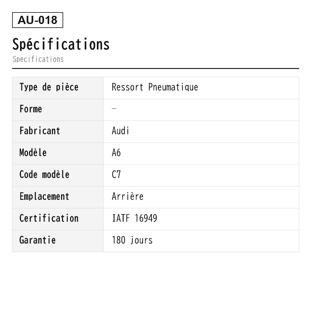 Audi A6 A7 C7/4G 2011-2018 Arrière Ressort Pneumatique (4G0616001, 4G0616001K, 4G0616001Q, 4G0616001R, 4G0616001S, 4G0616001T, 4G0616002, 4G0616002K, 4G0616002Q, 4G0616002R, 4G0616002S, 4G0616002T) 2
