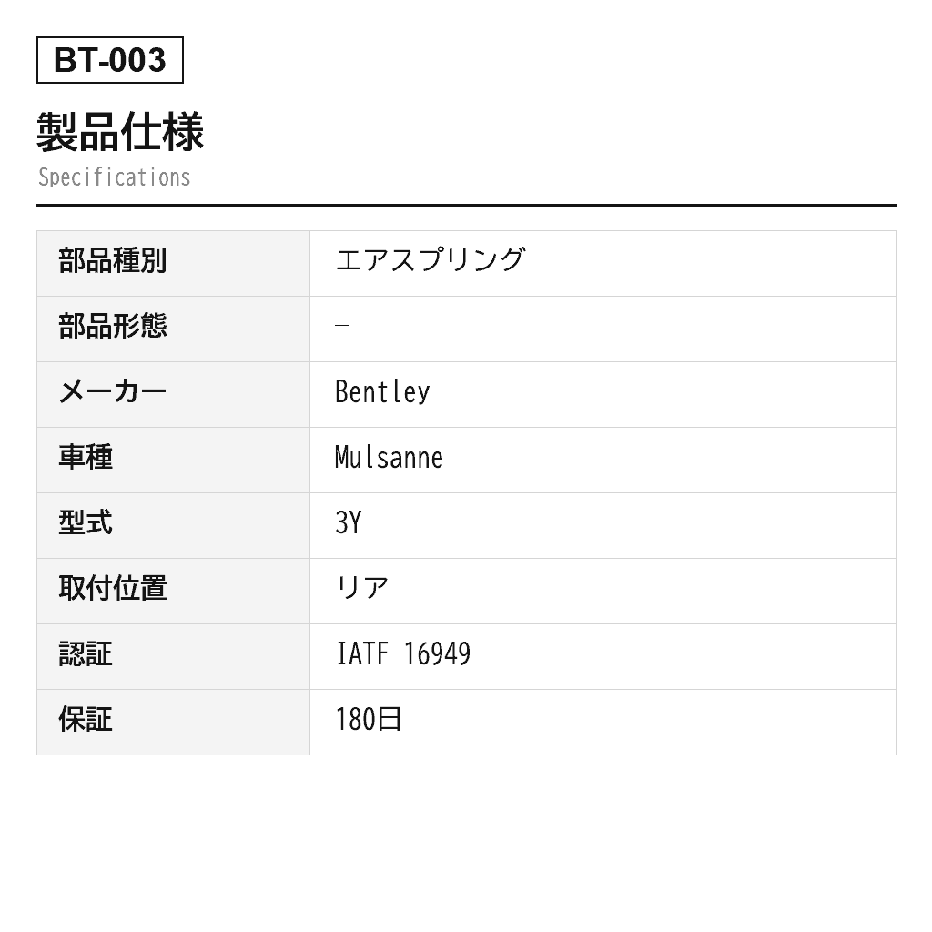 Bentley（ベントレー） Mulsanne 2011-2016 リアエアスプリング（3Y5616002F, 3Y5616002K） 2