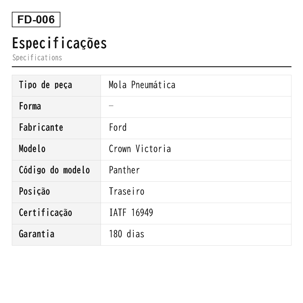 Ford Crown Victoria 1990-2011 Traseiro Mola Pneumática (3U2Z-5580-AA, 3U2Z-5580-BA, 3U2Z-5580-PA, 6W1Z-5560-AA, A-2105, A-2220, F8MZ5560AA, F8VZ5560AA, 517-00115, 517-00621, 517-00680, 517-00862) 2
