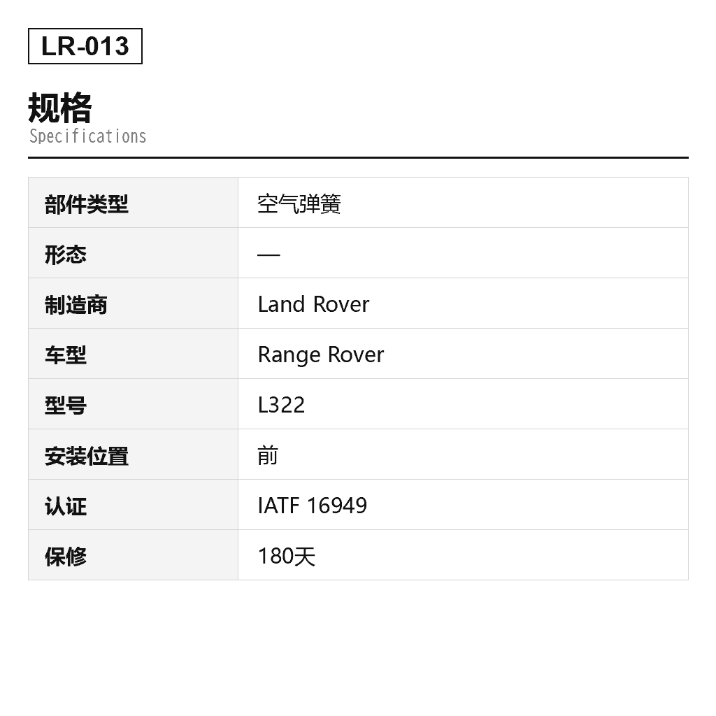Land Rover Range Rover L322 2002-2012 前 空气弹簧（LR032563, LR032570, LR051700, LR051702, RNB000060, RNB000070, RNB000740, RNB000750, RNB500540, RNB500550, RNB501340, RNB501350, RNB501400, RNB501410, RNB501520, RNB501530） 2