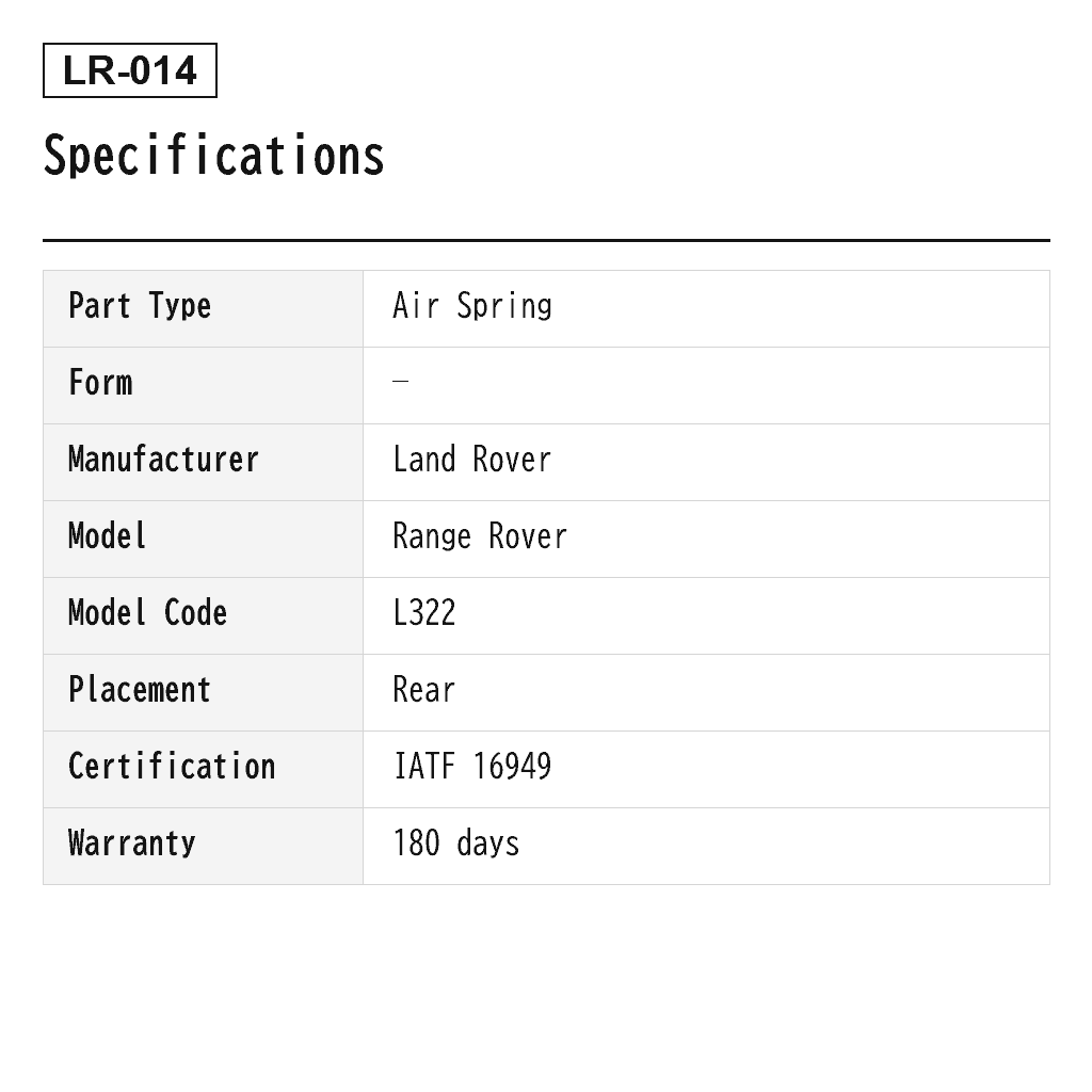 Land Rover Range Rover L322 2003-2012 Rear Air Spring (RKB000150, RKB000151, RKB500080, RKB500082, RKB500130, RKB500240) 2