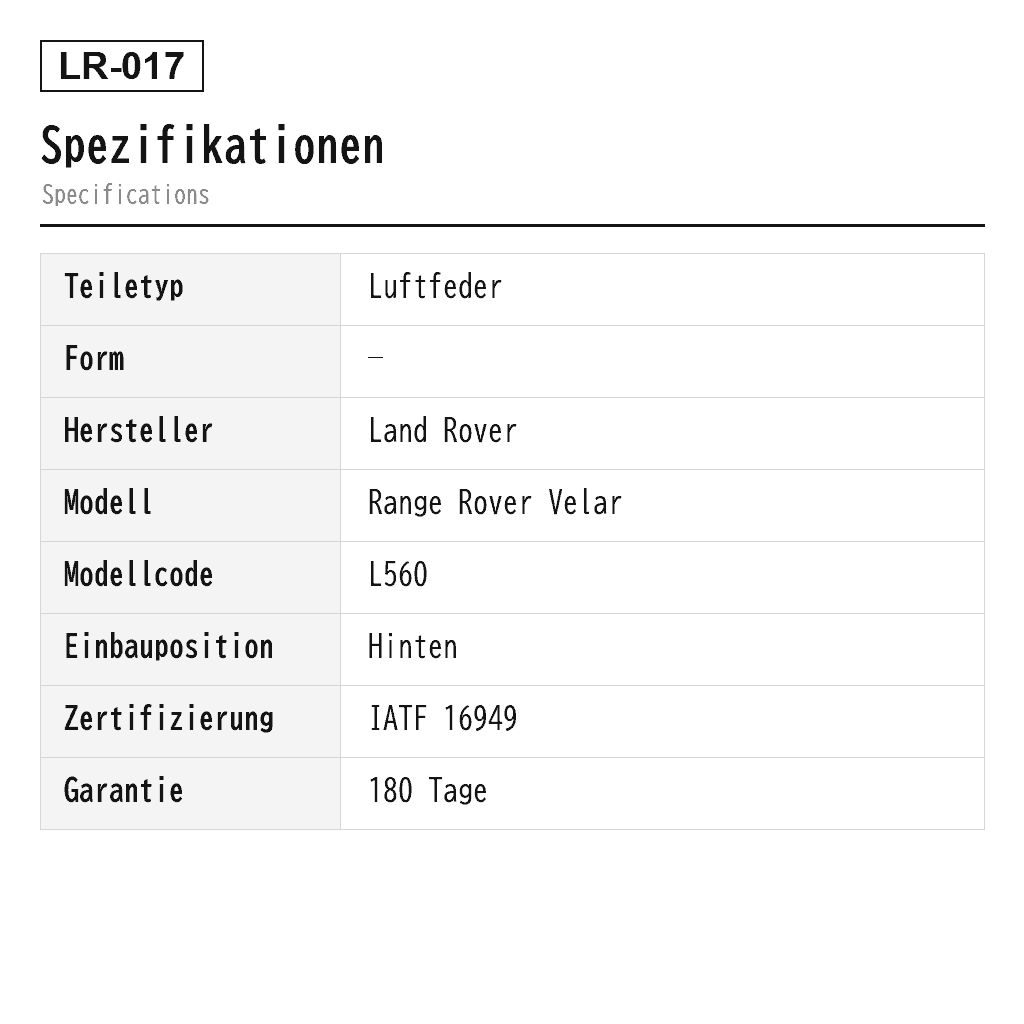 Land Rover Range Rover Velar L560 2018-2021 Hinten Luftfeder (LR090654, LR090653) 2