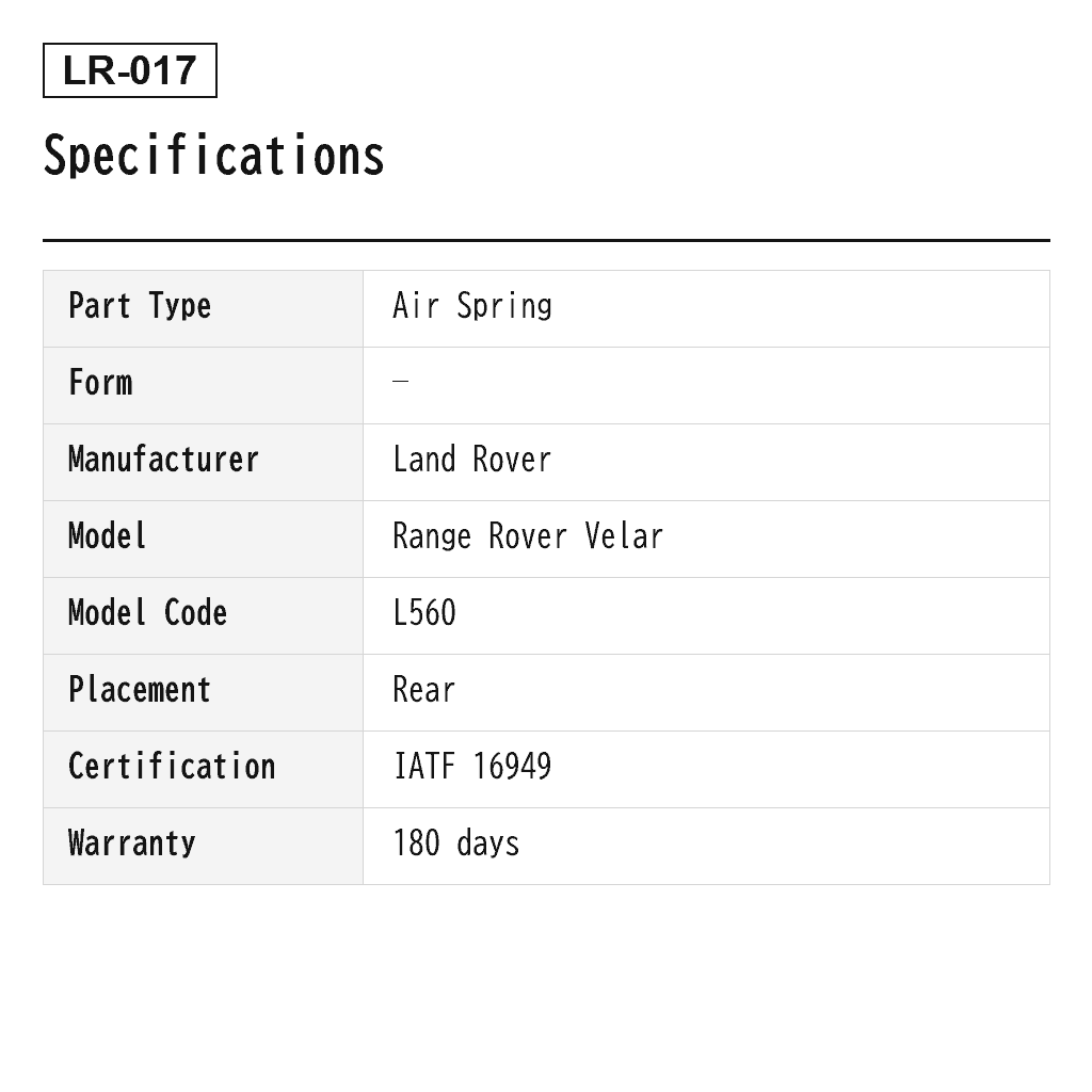Land Rover Range Rover Velar L560 2018-2021 Rear Air Spring (LR090654, LR090653) 2