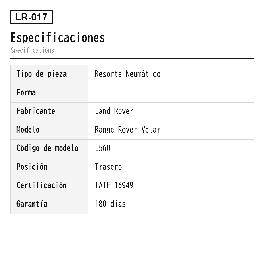 Land Rover Range Rover Velar L560 2018-2021 Trasero Resorte Neumático (LR090654, LR090653) 2