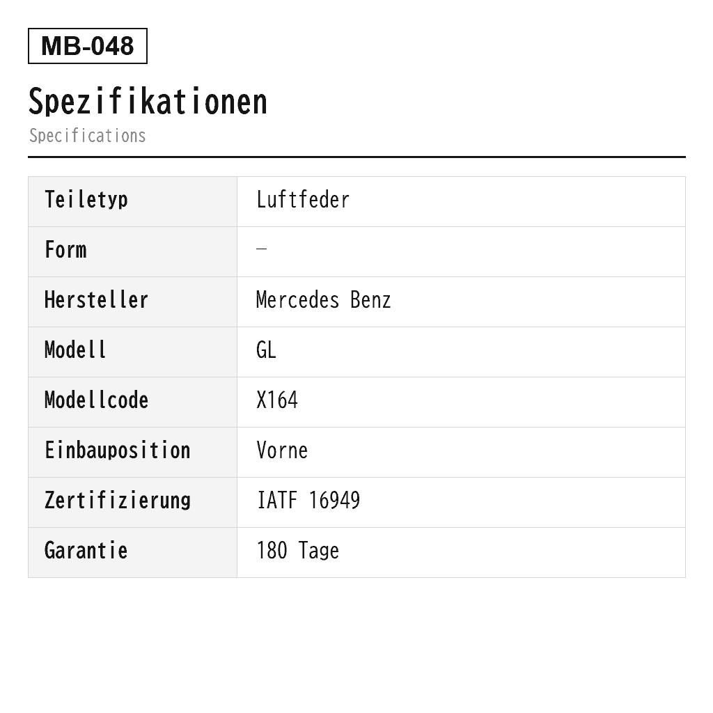 Mercedes Benz GL-Class X164 M-Class W164 2007-2012 Vorne Luftfeder (1643201213, 1643202213, 1643204313, 1643204413, 1643204513, 1643204613, 1643205213, 1643205813, 1643205913, 1643206013, 1643206113, 164320521380, 164320581339, 164320581380, 164320591339, 164320591380, 164320601339, 164320601380, 164320611339, 164320611380, AS-7011) 2