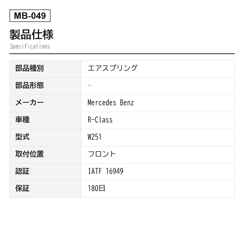Mercedes Benz（ベンツ） Rクラス W251 2006-2013 フロントエアスプリング（2513201613, 2513203013, 2513203113, 2513205613, 2513205713, 251320301380, 251320311380, 251320561360, 251320561380, 251320561388, 251320571360, 251320571380, 251320571388, A2513201613, A2513203013, A2513203113, A2513205613, A2513205713, A251320301380, A251320311380, A251320561360, A251320561380, A251320561388, A251320571360, A251320571380, A251320571388, A2587） 2