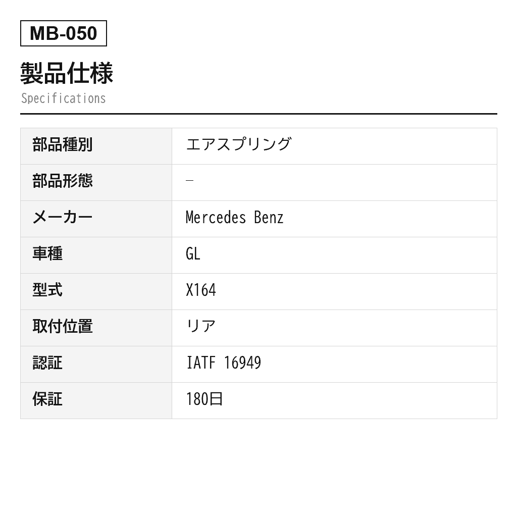 Mercedes Benz（ベンツ） GLクラス X164 Mクラス W164 2006-2012 リアエアスプリング（164-320-07-25, 164-320-09-25, 164-320-10-25, 1643200225, 1643200425, 1643200625, 1643200825, 166-320-03-25, 166-320-06-25, 2923200525, A1643200225, A1643200325, A1643200425, A1643200625, A1643200725, A1643200825, A1643200925, A1643201025, A1643206013, A1663200325） 2
