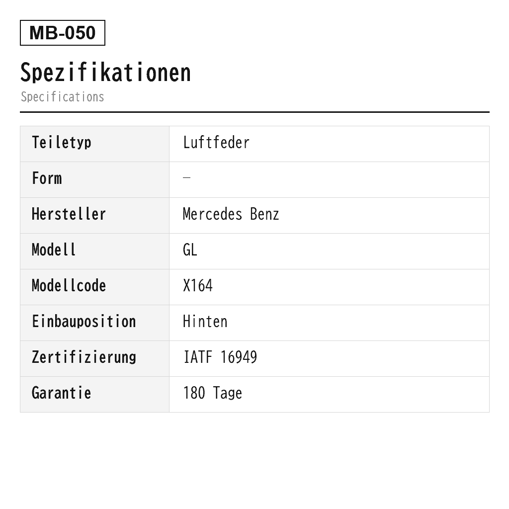 Mercedes Benz GL-Class X164 M-Class W164 2006-2012 Hinten Luftfeder (164-320-07-25, 164-320-09-25, 164-320-10-25, 1643200225, 1643200425, 1643200625, 1643200825, 166-320-03-25, 166-320-06-25, 2923200525, A1643200225, A1643200325, A1643200425, A1643200625, A1643200725, A1643200825, A1643200925, A1643201025, A1643206013, A1663200325) 2