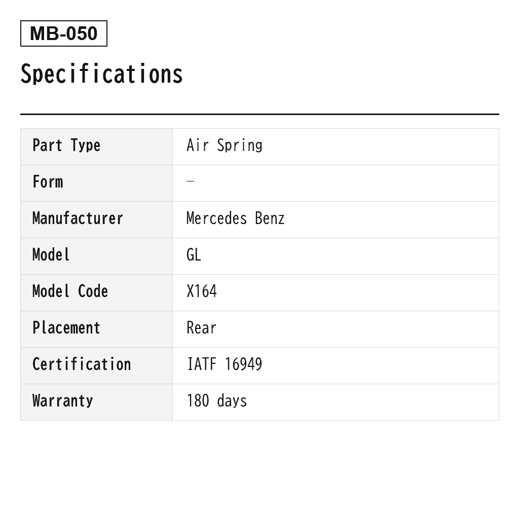 Mercedes Benz GL-Class X164 M-Class W164 2006-2012 Rear Air Spring (164-320-07-25, 164-320-09-25, 164-320-10-25, 1643200225, 1643200425, 1643200625, 1643200825, 166-320-03-25, 166-320-06-25, 2923200525, A1643200225, A1643200325, A1643200425, A1643200625, A1643200725, A1643200825, A1643200925, A1643201025, A1643206013, A1663200325) 2