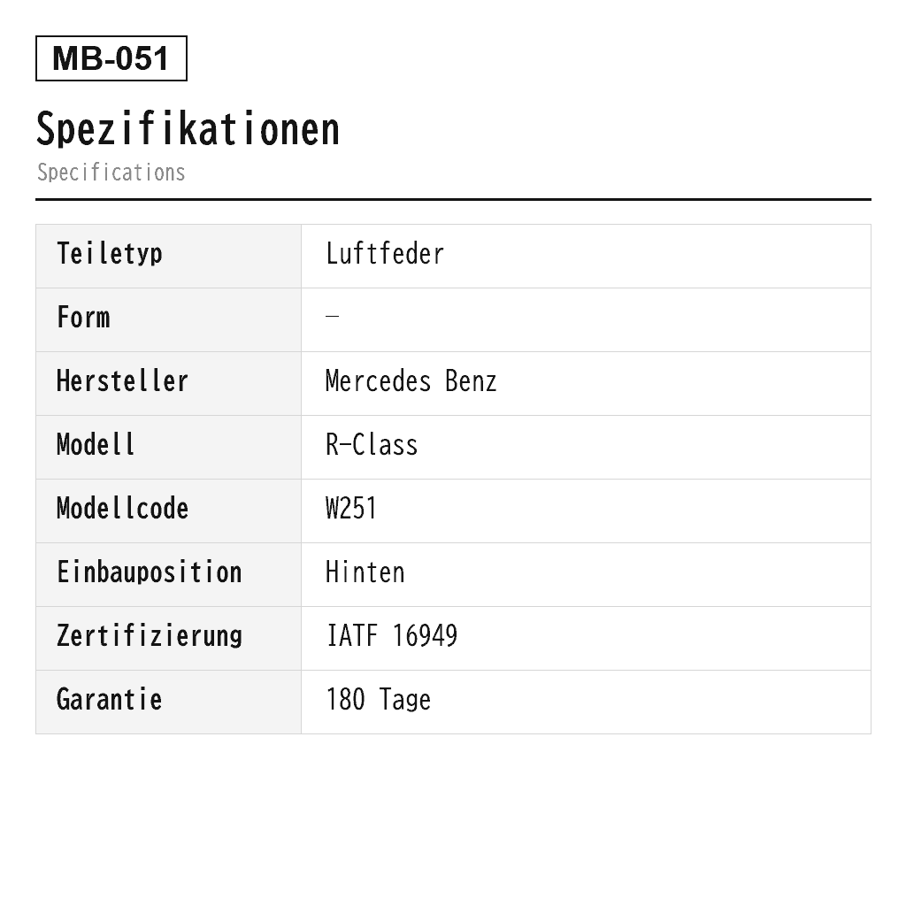 Mercedes Benz R-Class W251 2006-2013 Hinten Luftfeder (251-320-00-25, 251-320-03-25, 251-320-04-25, A2513200025, A2513200325, A2513200425) 2