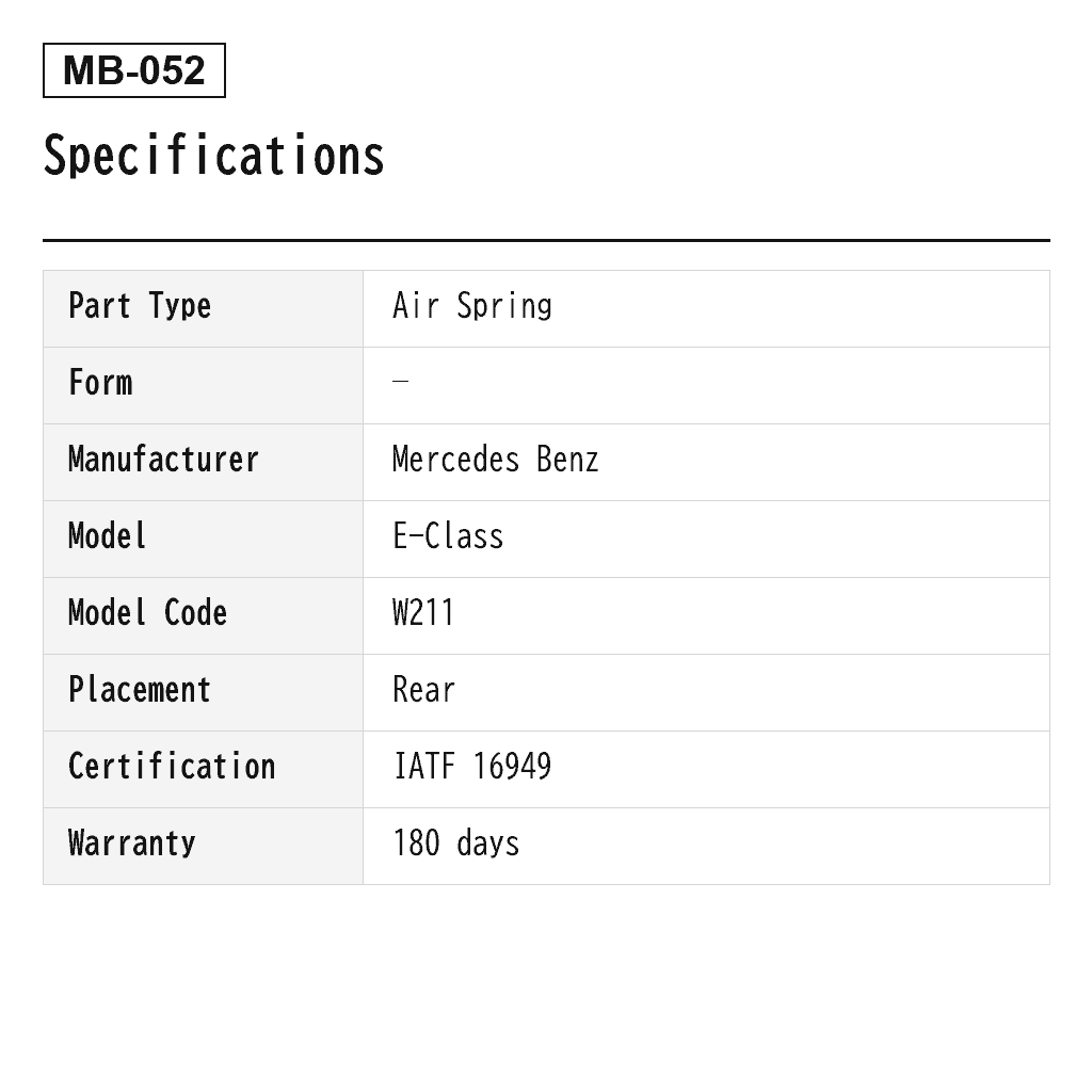 Mercedes Benz E-Class W211 S211 2006-2009 Rear Air Spring (2113200925, A2113200925, A-2726, 211320092580, A211320092580) 2