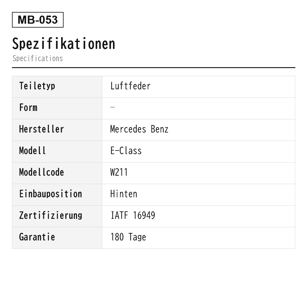 Mercedes Benz E-Class W211 4MATIC CLS 2006-2009 Hinten Luftfeder (211-320-07-25, 211-320-08-25, 211-320-12-25, 211-320-13-25, 211-320-15-25, 211-320-16-25, A-2724, A211-320-07-25, A2113200825, A2113201225, A2113201325, A2113201525, A2113201625) 2