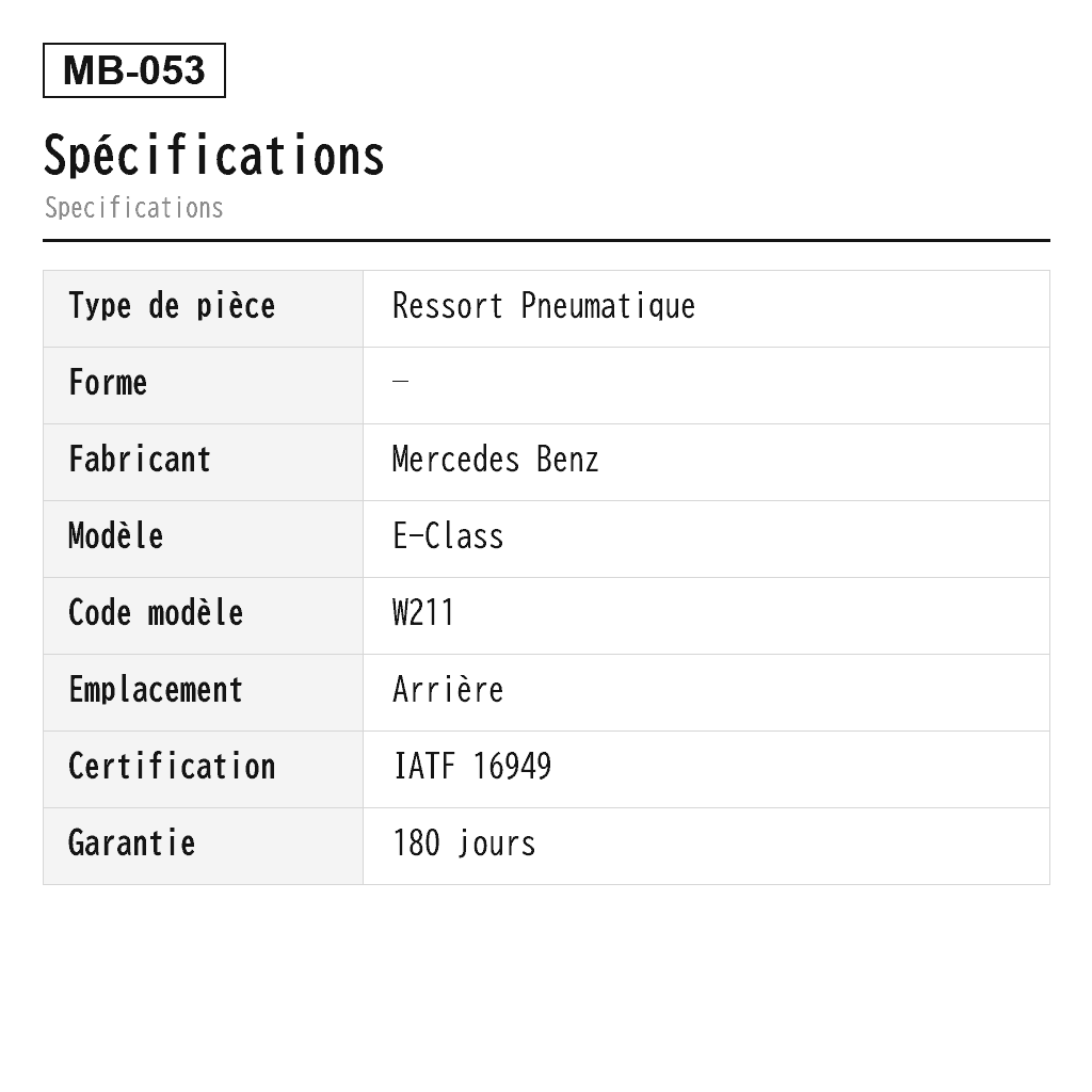 Mercedes Benz E-Class W211 4MATIC CLS 2006-2009 Arrière Ressort Pneumatique (211-320-07-25, 211-320-08-25, 211-320-12-25, 211-320-13-25, 211-320-15-25, 211-320-16-25, A-2724, A211-320-07-25, A2113200825, A2113201225, A2113201325, A2113201525, A2113201625) 2