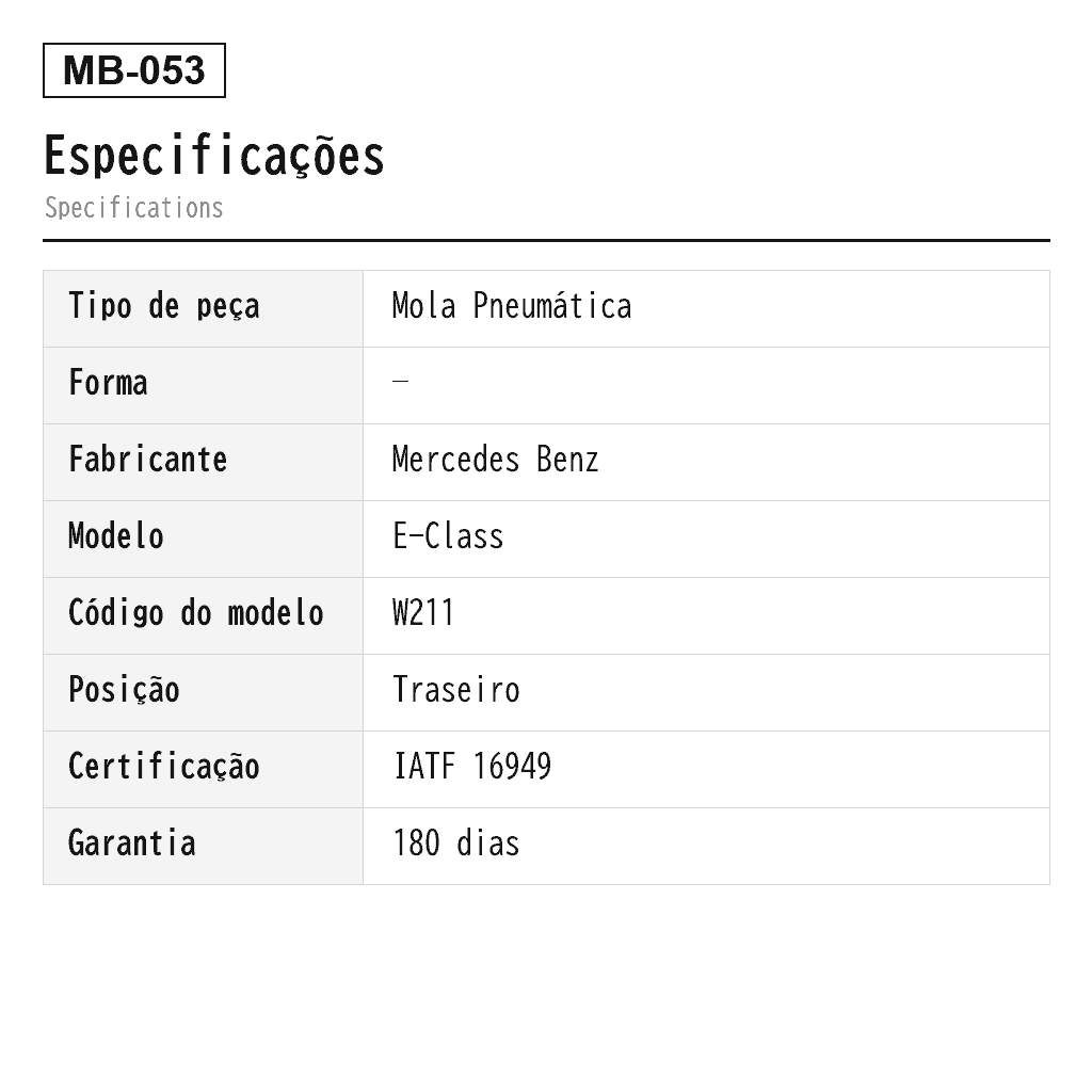 Mercedes Benz E-Class W211 4MATIC CLS 2006-2009 Traseiro Mola Pneumática (211-320-07-25, 211-320-08-25, 211-320-12-25, 211-320-13-25, 211-320-15-25, 211-320-16-25, A-2724, A211-320-07-25, A2113200825, A2113201225, A2113201325, A2113201525, A2113201625) 2