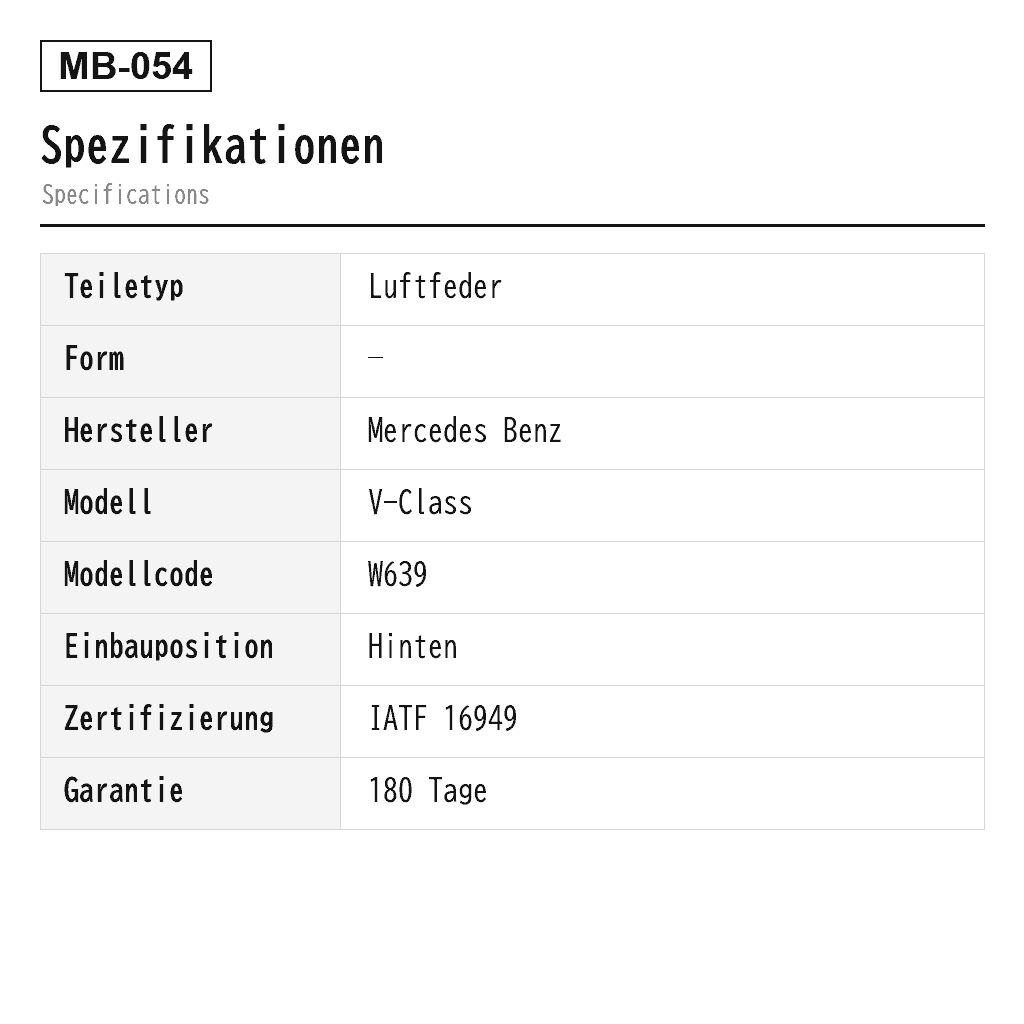 Mercedes Benz V-Class W639 Vito Viano 2004-2014 Hinten Luftfeder (639-328-01-01, 639-328-02-01, 639-328-03-01, A6393280101, A6393280201, A6393280301) 2