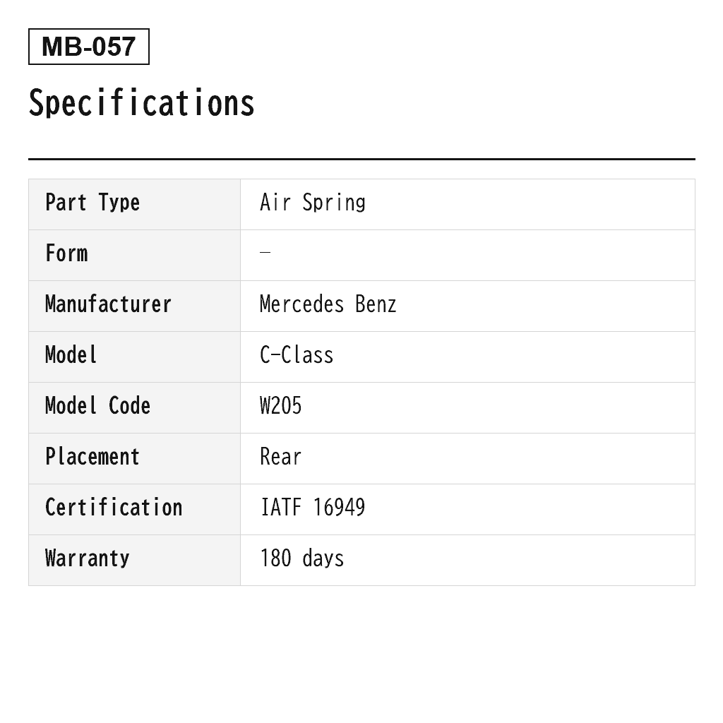 Mercedes Benz C-Class W205 C205 2015-2020 Rear Air Spring (2053200125, 2053200225, A-3329, A-3330, A2053200125, A2053200225) 2