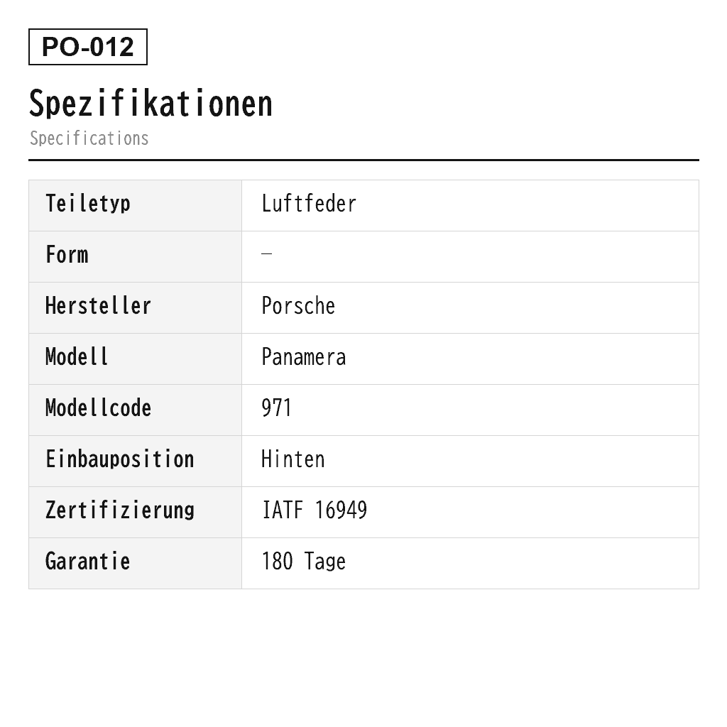 Porsche Panamera 971 2017-2022 Hinten Luftfeder (971-616-025-C, 971-616-025-E, 971-616-025-F, 971-616-025-G, 971-616-025-H, 971-616-026-C, 971-616-026-E, 971-616-026-F, 971-616-026-G, 971-616-026-H, 971616025, 971616026) 2