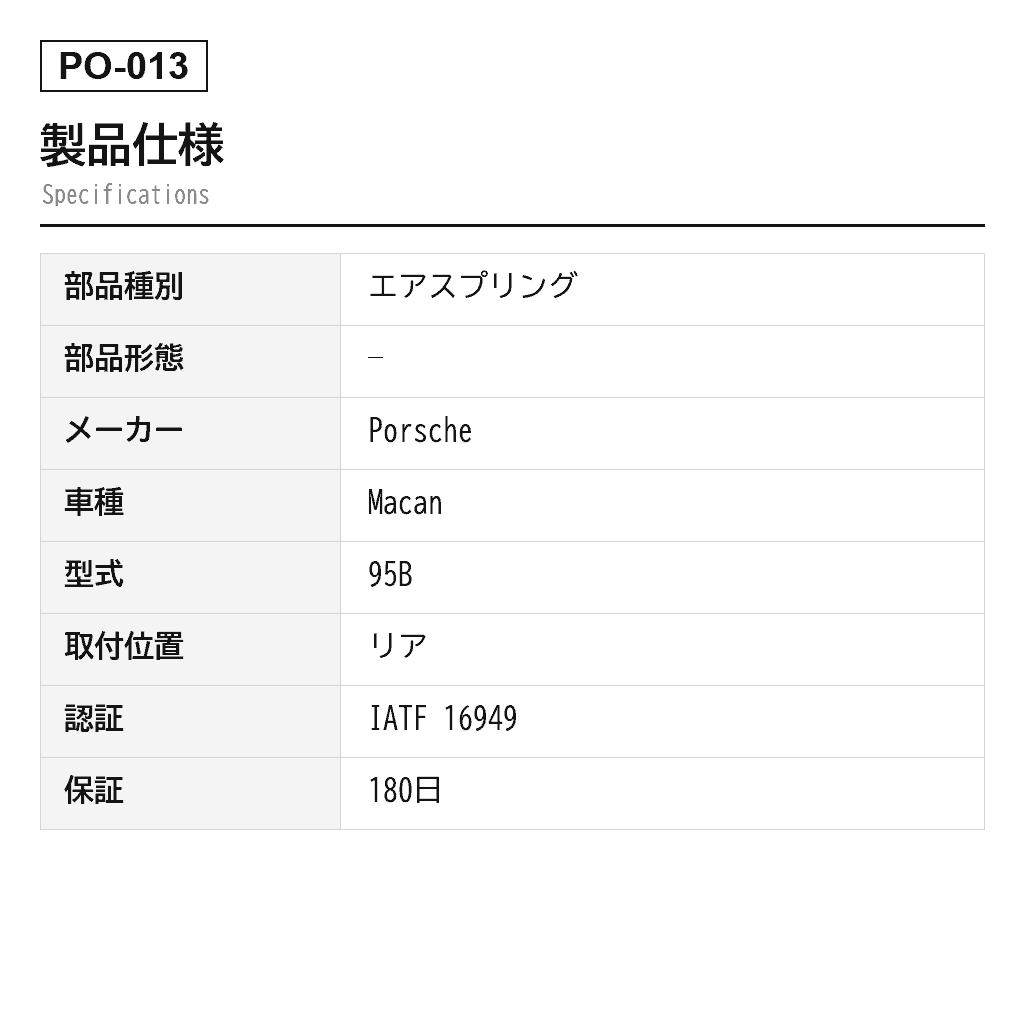 Porsche（ポルシェ） Macan 95B 2014-2019 リアエアスプリング（95B616001, 95B616001A, 95B616001B, 95B616001C, 95B616001D, 95B616001F, 95B616002, 95B616002A, 95B616002B, 95B616002C, 95B616002D, 95B616002F） 2