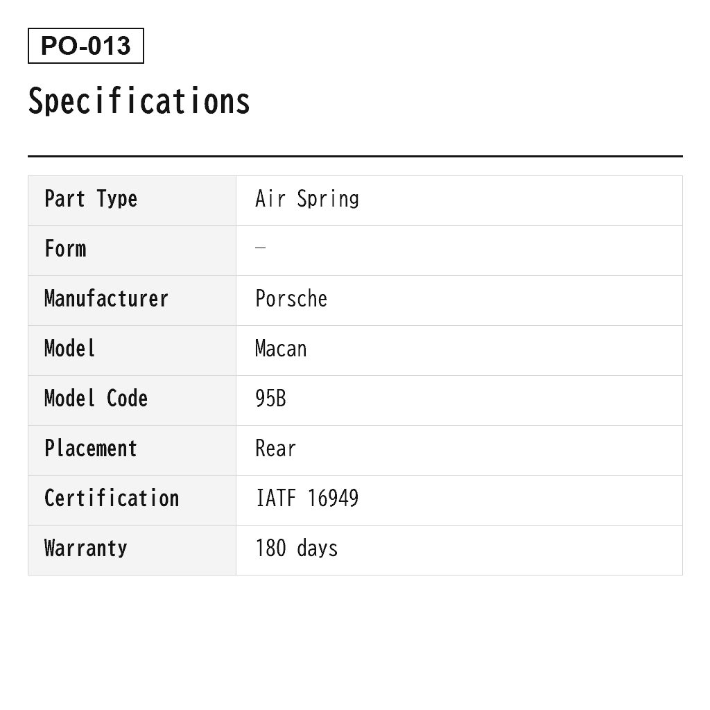 Porsche Macan 95B 2014-2019 Rear Air Spring (95B616001, 95B616001A, 95B616001B, 95B616001C, 95B616001D, 95B616001F, 95B616002, 95B616002A, 95B616002B, 95B616002C, 95B616002D, 95B616002F) 2