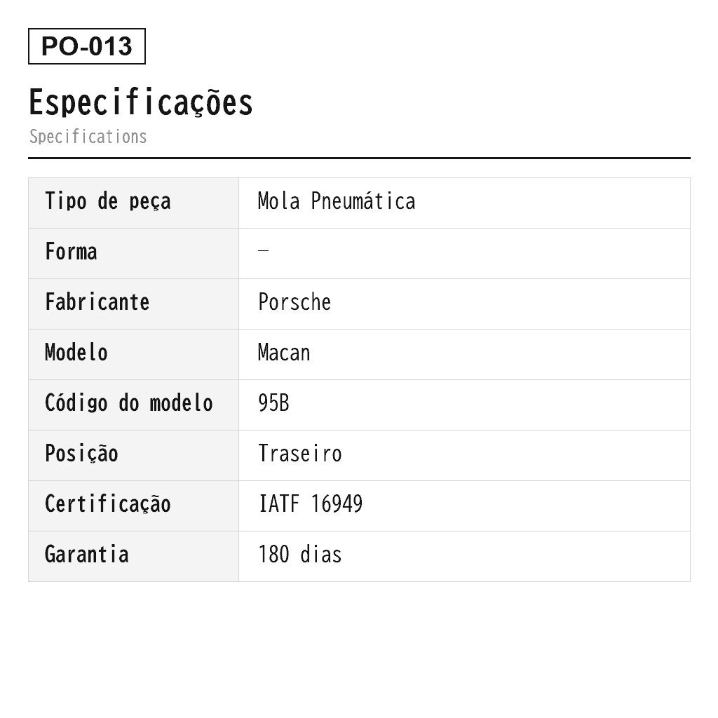 Porsche Macan 95B 2014-2019 Traseiro Mola Pneumática (95B616001, 95B616001A, 95B616001B, 95B616001C, 95B616001D, 95B616001F, 95B616002, 95B616002A, 95B616002B, 95B616002C, 95B616002D, 95B616002F) 2