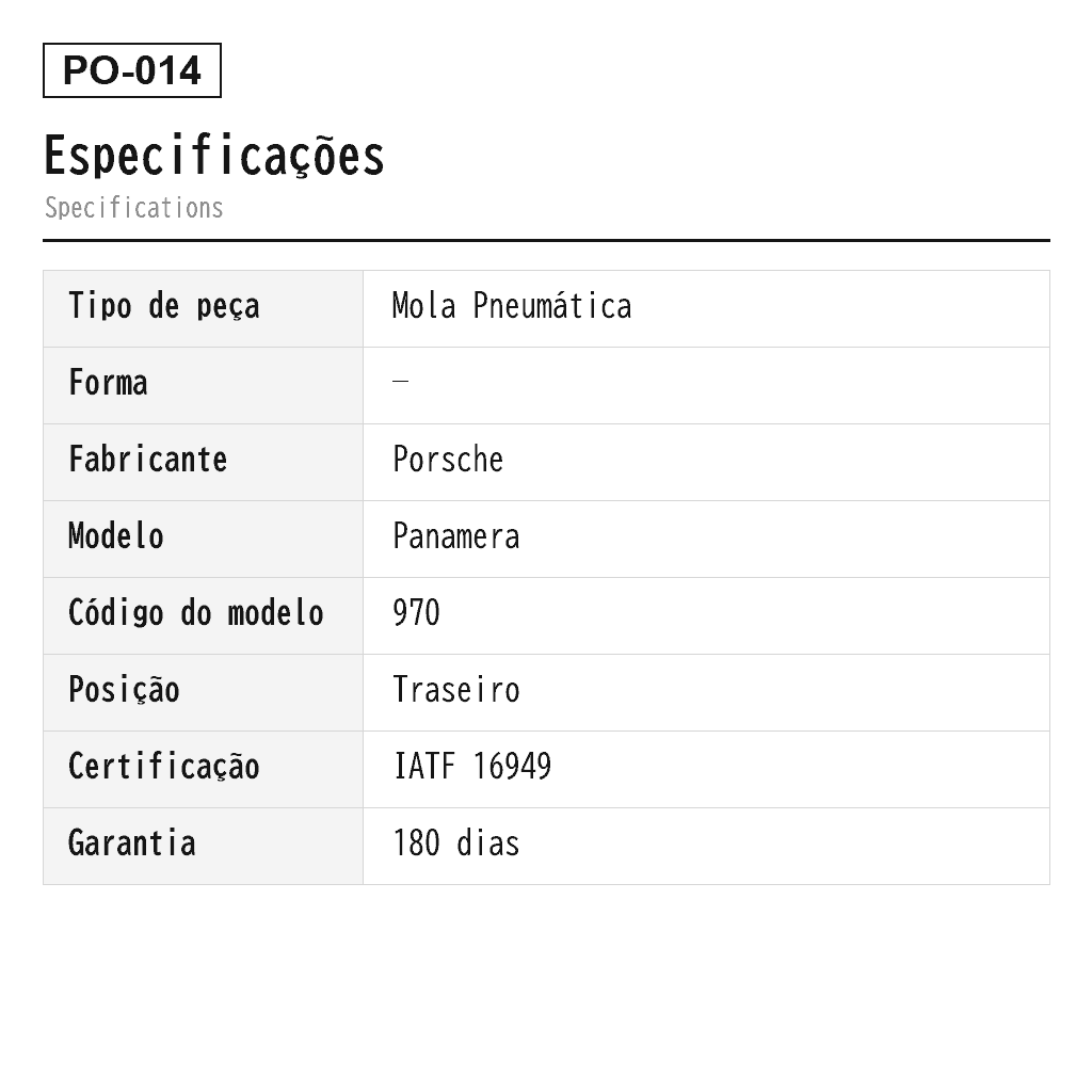 Porsche Panamera 970 2010-2016 Traseiro Mola Pneumática (97033353311, 97033353312, 97033353313, 97033353314, 97033353315, 97033353316, 97033353317, 97033353331, 97033353332, 97033353333, 97033353334) 2