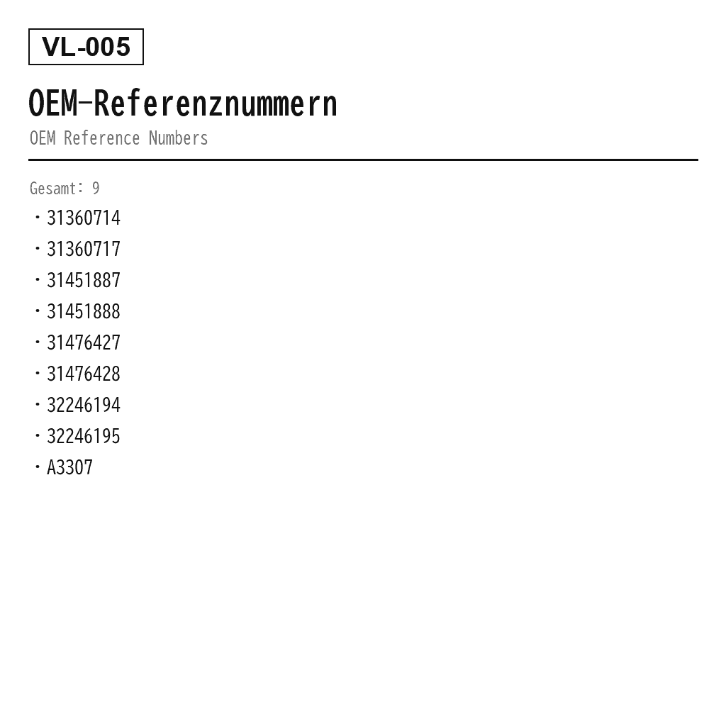 Volvo XC90 II XC60 V90 2016-2022 Hinten Luftfeder (31360714, 31360717, 31451887, 31451888, 31476427, 31476428, 32246194, 32246195, A3307) 3