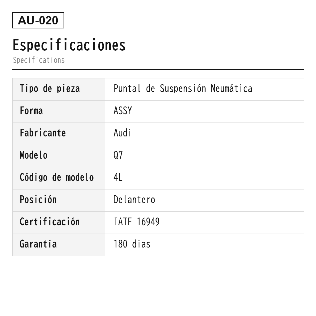 Audi Q7 4L 2003-2018 Delantero Puntal de Suspensión Neumática (7L5616403, 7L5616403B, 7L5616403E, 7L5616404, 7L5616404B, 7L5616404E, 7L6616039E, 7L6616403, 7L6616403B, 7L6616404, 7L6616404B, 7L8413031H, 7L8616039, 7L8616039A, 7L8616039B, 7L8616039D, 7L8616039G, 7L8616039H, 7L8616040, 7L8616040A, 7L8616040B, 7L8616040D, 7L8616040G, 7L8616040H, 7L8616403B, 7L8616404B, 95533303321, 95533303322, 95533303343, 95533303344, 95534303320, 95534303321, 95534303322, 95534303342, 95534303343, 95534303344, 95534303345, 95534303350, 95534303351, 95535801901, 95535801902, 95535801911, 95535801912, 95535801920, 95535801921, 95535803900, 95535803901, 95535803910, 95535803911, 95535840300, 95535840310, 95535840320, 95535840321, 95535840330, 95535840331, 95535840400, 95535840410, 95535840420, 95535840421, 95535840430, 95535840431) 2