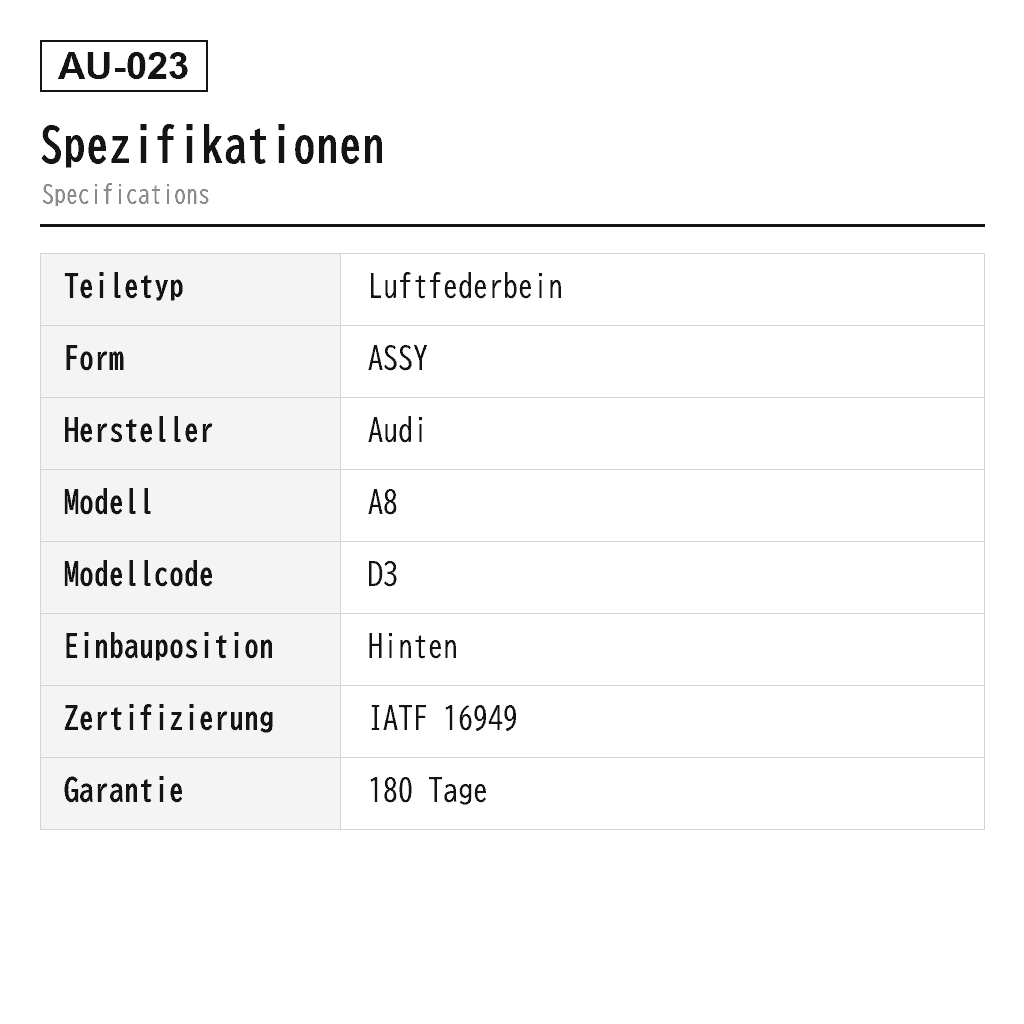 Audi A8 D3 Hinten Luftfederbein (4E0-616-001-D, 4E0-616-001-E, 4E0-616-001-G, 4E0-616-001-K, 4E0-616-001-M, 4E0-616-001-N, 4E0-616-001-Q, 4E0-616-001-R, 4E0-616-002-D, 4E0-616-002-E, 4E0-616-002-G, 4E0-616-002-K, 4E0-616-002-M, 4E0-616-002-N, 4E0-616-002-Q, 4E0-616-002-R, 4E0616001F, 4E0616001H, 4E0616001P, 4E0616002A, 4E0616002F, 4E0616002H, 4E0616002P, 4E4616001, 4E4616001A, 4E4616001E, 4E4616001N, 4E4616002, 4E4616002A, 4E4616002F, 4E4616002H) 2