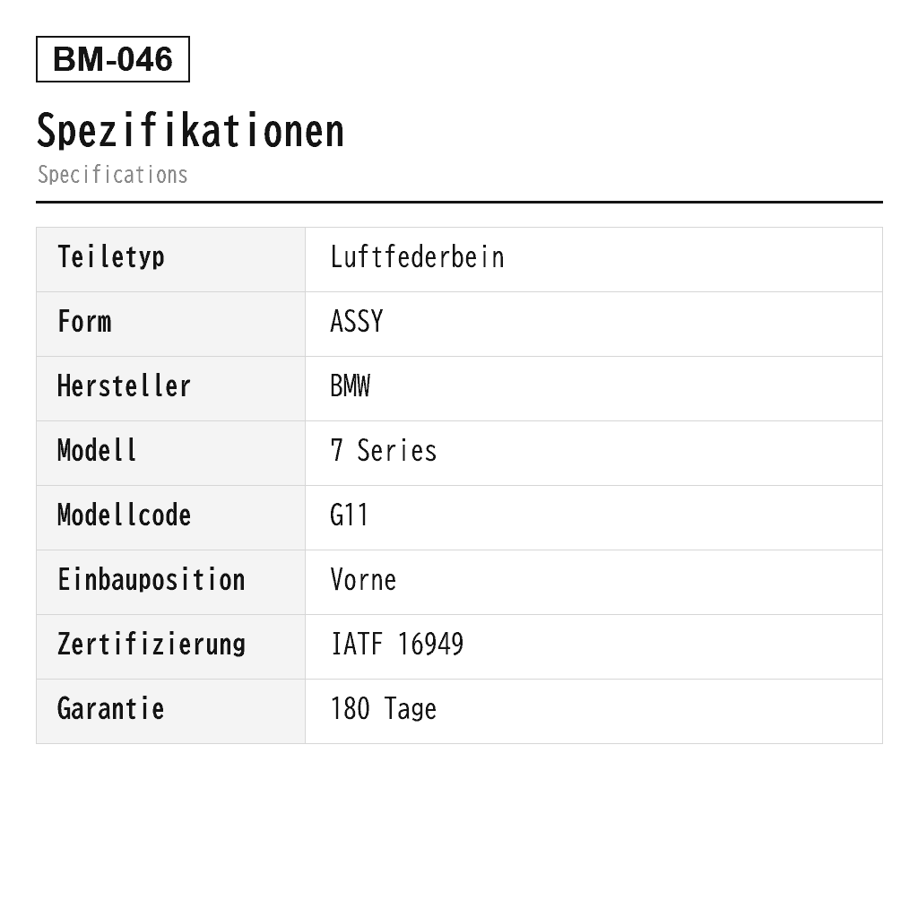 BMW 7 Series G11 G12 2015-2022 Vorne Luftfederbein (37106874587, 37106874588, 37106877553, 37106877554, 37106877555, 37106877556, 37106899037, 37106899038, 37106899039, 37106899040, 37107915969, 37107915970) 2