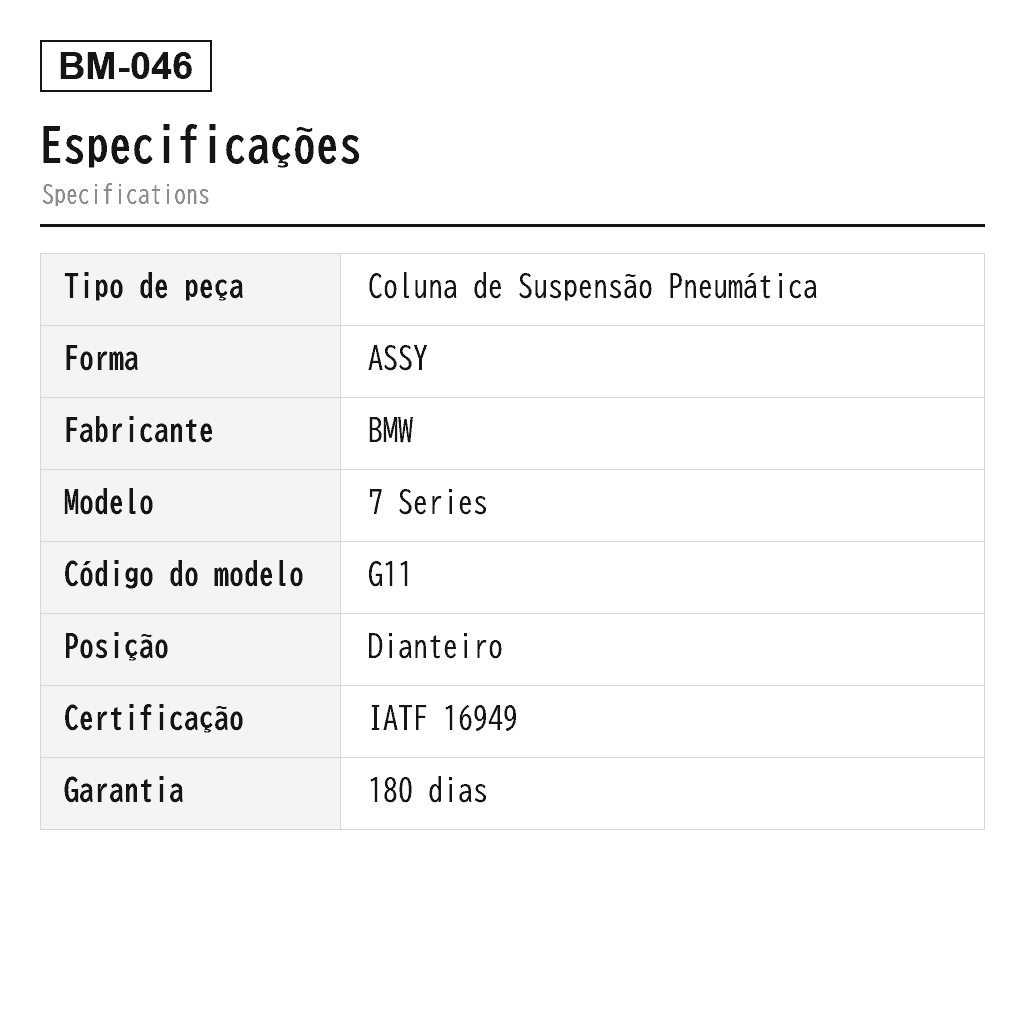 BMW 7 Series G11 G12 2015-2022 Dianteiro Coluna de Suspensão Pneumática (37106874587, 37106874588, 37106877553, 37106877554, 37106877555, 37106877556, 37106899037, 37106899038, 37106899039, 37106899040, 37107915969, 37107915970) 2