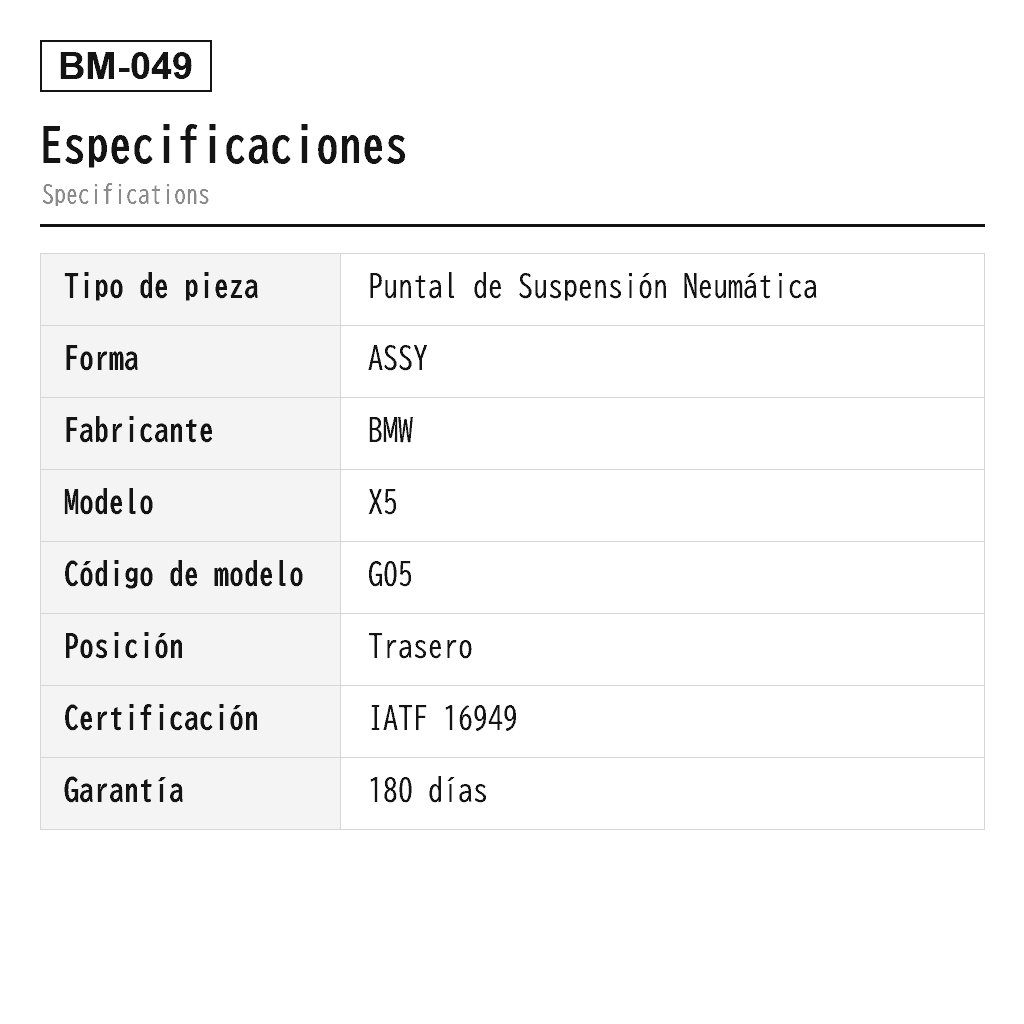 BMW X5 G05 X6 G06 X7 G07 2019-2022 Trasero Puntal de Suspensión Neumática (37106869037, 37106869038, 37106869039, 37106869040, 37106869047, 37106869048, 6869037, 6869038, 6869039, 6869040, 6869047, 6869048) 2