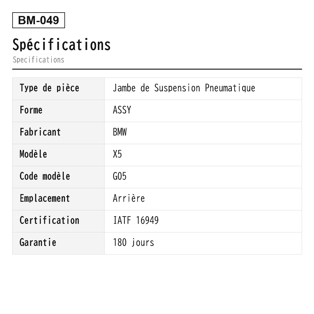 BMW X5 G05 X6 G06 X7 G07 2019-2022 Arrière Jambe de Suspension Pneumatique (37106869037, 37106869038, 37106869039, 37106869040, 37106869047, 37106869048, 6869037, 6869038, 6869039, 6869040, 6869047, 6869048) 2