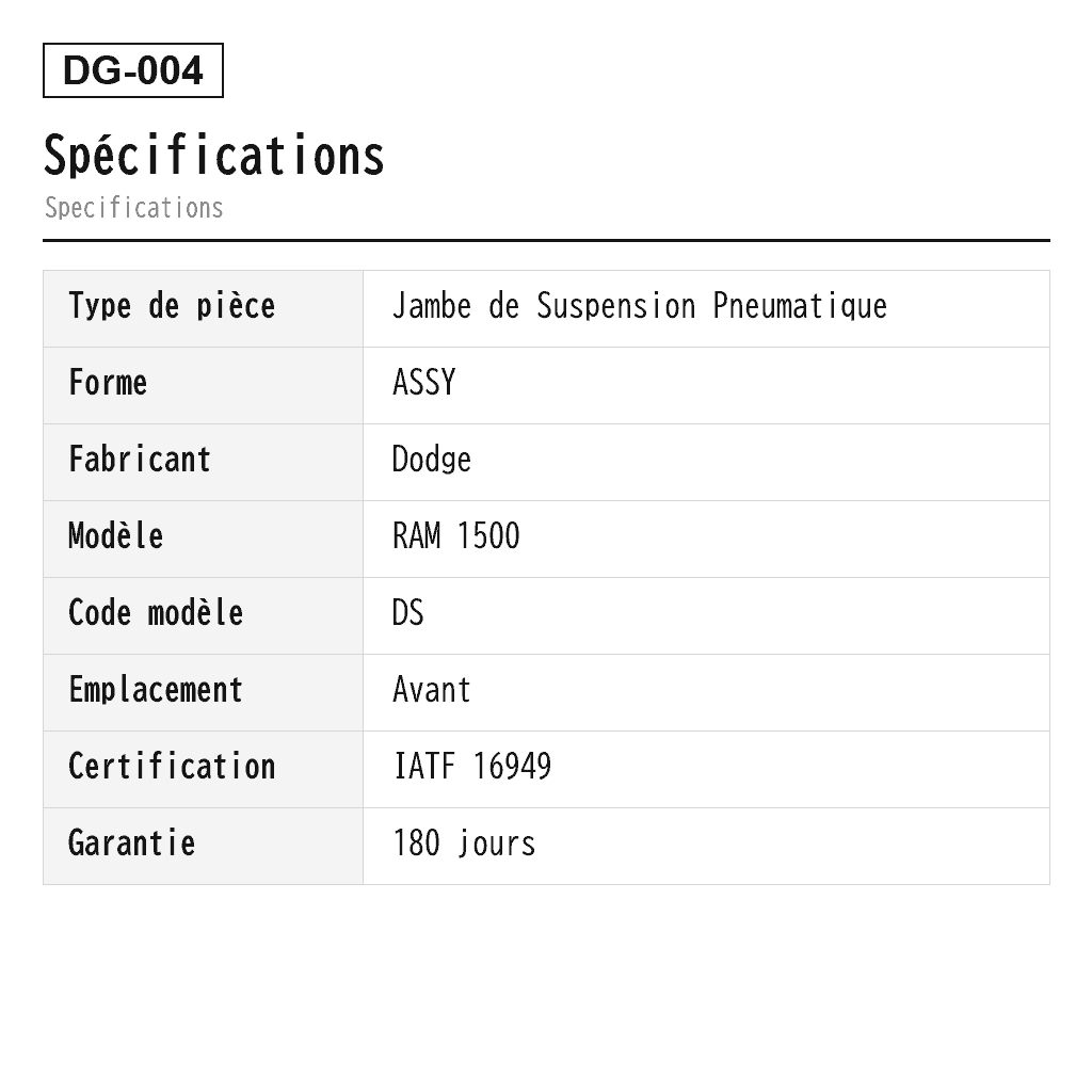 Dodge RAM 1500 DS 2013-2020 Avant Jambe de Suspension Pneumatique (04877146AA, 04877146AB, 04877146AC, 04877146AD, 04877146AE, 04877146AF, 04877146AG, 04877146AH, 04877147AA, 04877147AB, 04877147AC, 04877147AD, 04877147AE, 04877147AF, 04877147AG, 04877147AH, 4877146, 4877146AA, 4877146AB, 4877146AC, 4877146AD, 4877146AE, 4877146AF, 4877146AG, 4877146AH, 4877147, 4877147AA, 4877147AB, 4877147AC, 4877147AD, 4877147AE, 4877147AF, 4877147AG, 4877147AH) 2