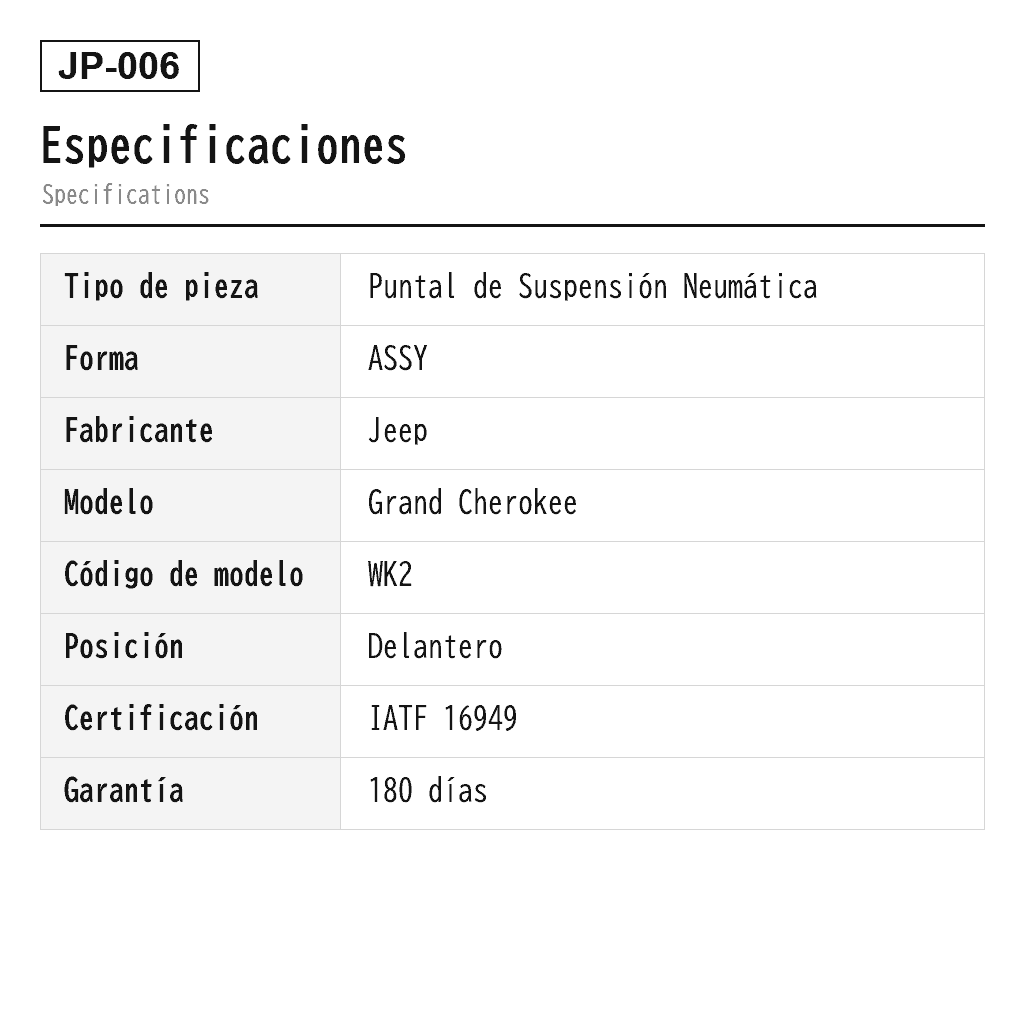 Jeep Grand Cherokee WK2 2011-2023 Delantero Puntal de Suspensión Neumática (68029902AB, 68029902AC, 68029902AD, 68029902AE, 68029902AH, 68029903AA, 68029903AB, 68029903AC, 68029903AD, 68029903AE, 68029903AF, 68029903AH, 68059904AA, 68059904AB, 68059904AC, 68059904AD, 68059904AE, 68059905AA, 68059905AB, 68059905AC, 68059905AD, 68059905AE, 68080194AA, 68080194AB, 68080194AC, 68080195AA, 68080195AB, 68080195AC, 68231882AA, 68231882AB, 68231882AC, 68231883AA, 68231883AB, 68231883AC, 68231884AA, 68231884AB, 68231884AC, 68231885AA, 68231885AB, 68231885AC, K68029902AB, K68029902AC, K68029902AD, K68029902AE, K68029902AH, K68029903AA, K68029903AB, K68029903AC, K68029903AD, K68029903AE, K68029903AF, K68029903AH, K68059904AA, K68059904AB, K68059904AC, K68059904AD, K68059904AE, K68059905AA, K68059905AB, K68059905AC, K68059905AD, K68059905AE, K68080194AA, K68080194AB, K68080194AC, K68080195AA, K68080195AB, K68080195AC, K68231882AA, K68231882AB, K68231882AC, K68231883AA, K68231883AB, K68231883AC, K68231884AA, K68231884AB, K68231884AC, K68231885AA, K68231885AB, K68231885AC) 2