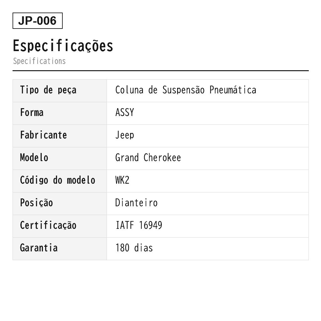 Jeep Grand Cherokee WK2 2011-2023 Dianteiro Coluna de Suspensão Pneumática (68029902AB, 68029902AC, 68029902AD, 68029902AE, 68029902AH, 68029903AA, 68029903AB, 68029903AC, 68029903AD, 68029903AE, 68029903AF, 68029903AH, 68059904AA, 68059904AB, 68059904AC, 68059904AD, 68059904AE, 68059905AA, 68059905AB, 68059905AC, 68059905AD, 68059905AE, 68080194AA, 68080194AB, 68080194AC, 68080195AA, 68080195AB, 68080195AC, 68231882AA, 68231882AB, 68231882AC, 68231883AA, 68231883AB, 68231883AC, 68231884AA, 68231884AB, 68231884AC, 68231885AA, 68231885AB, 68231885AC, K68029902AB, K68029902AC, K68029902AD, K68029902AE, K68029902AH, K68029903AA, K68029903AB, K68029903AC, K68029903AD, K68029903AE, K68029903AF, K68029903AH, K68059904AA, K68059904AB, K68059904AC, K68059904AD, K68059904AE, K68059905AA, K68059905AB, K68059905AC, K68059905AD, K68059905AE, K68080194AA, K68080194AB, K68080194AC, K68080195AA, K68080195AB, K68080195AC, K68231882AA, K68231882AB, K68231882AC, K68231883AA, K68231883AB, K68231883AC, K68231884AA, K68231884AB, K68231884AC, K68231885AA, K68231885AB, K68231885AC) 2