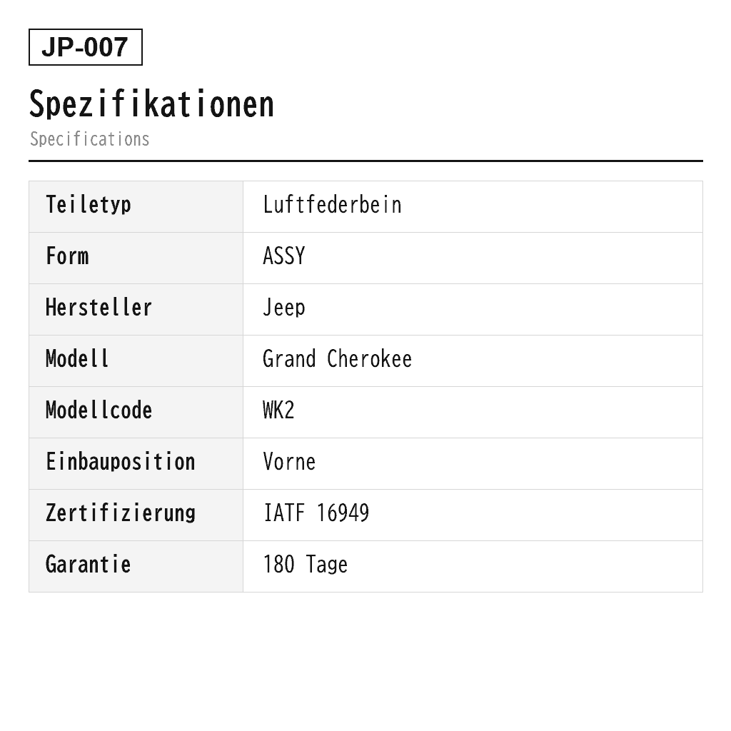 Jeep Grand Cherokee WK2 2011-2023 Vorne Luftfederbein (68253204AA, 68253204AB, 68253204AC, 68253204AD, 68253204AE, 68253205AA, 68253205AB, 68253205AC, 68253205AD, 68253205AE, 68253206AA, 68253207AA, 68253208AA, 68253209AA, 68303268AA, 68303268AB, 68303269AA, 68303269AB, 68320334AA, 68320335AA, 68364704AA, 68364705AA) 2