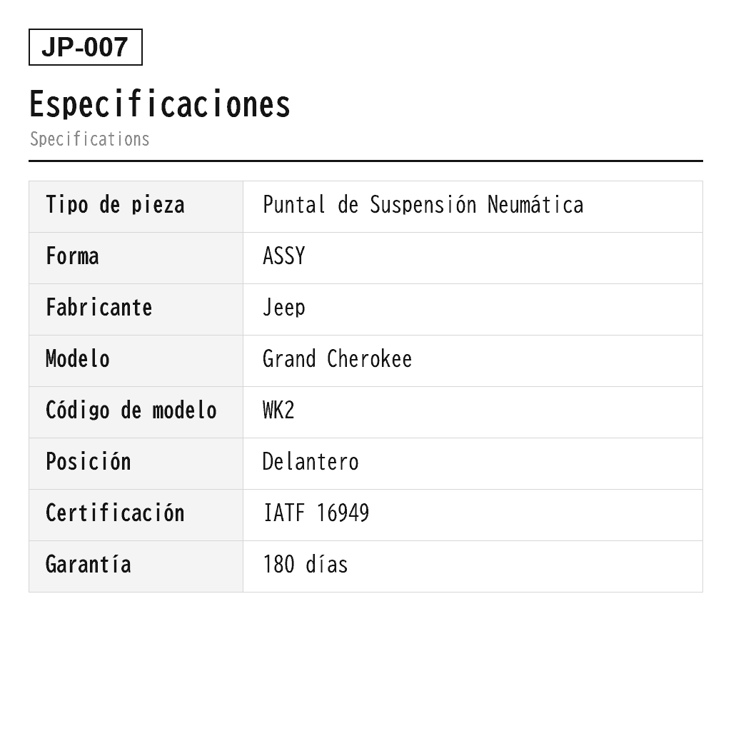 Jeep Grand Cherokee WK2 2011-2023 Delantero Puntal de Suspensión Neumática (68253204AA, 68253204AB, 68253204AC, 68253204AD, 68253204AE, 68253205AA, 68253205AB, 68253205AC, 68253205AD, 68253205AE, 68253206AA, 68253207AA, 68253208AA, 68253209AA, 68303268AA, 68303268AB, 68303269AA, 68303269AB, 68320334AA, 68320335AA, 68364704AA, 68364705AA) 2