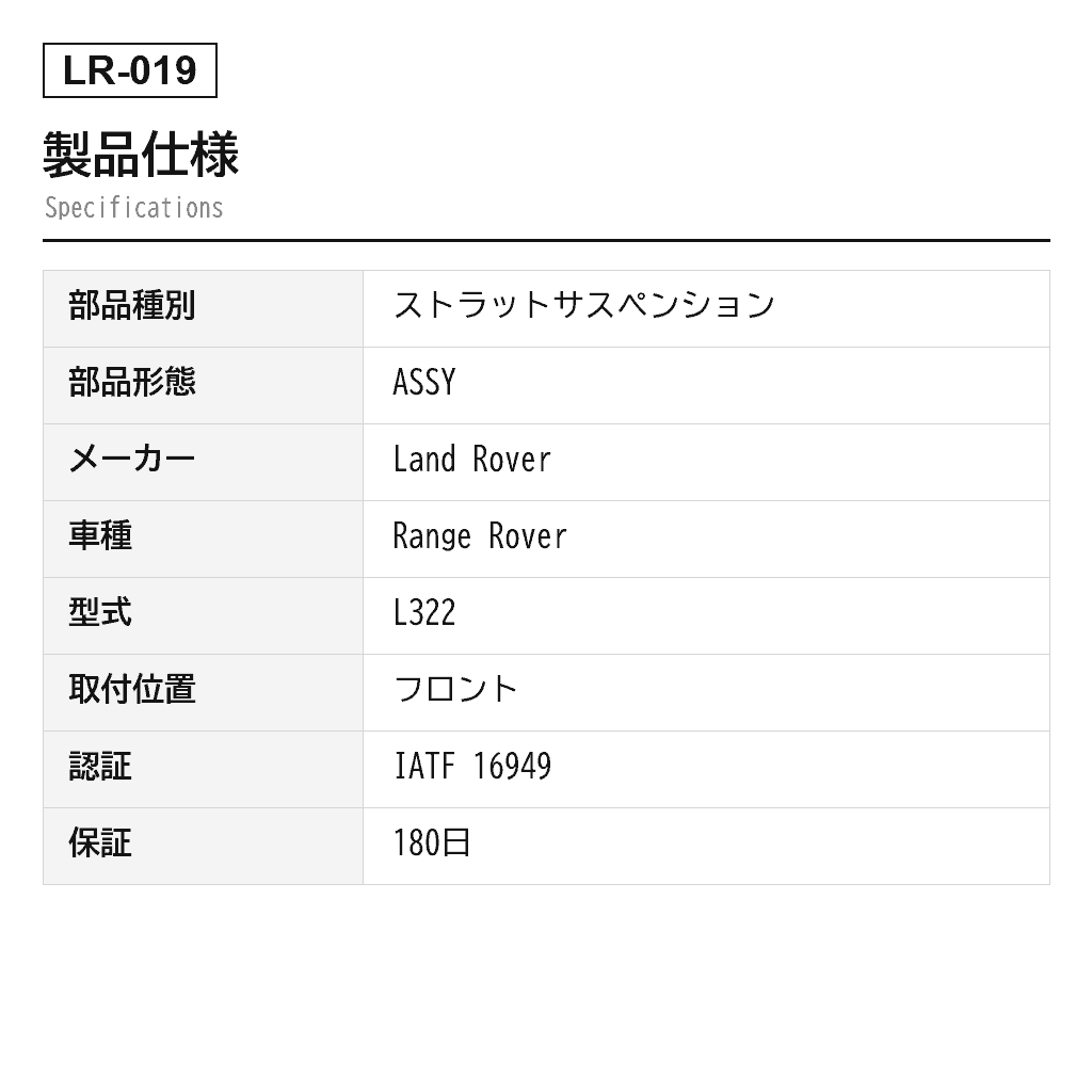 Land Rover（ランドローバー） Range Rover L322 2002-2012 フロントエアサスペンションストラット（LR032563, LR032570, LR051700, LR051702, RNB000060, RNB000070, RNB000740, RNB000750, RNB500540, RNB500550, RNB501340, RNB501350, RNB501400, RNB501410, RNB501520, RNB501530） 2