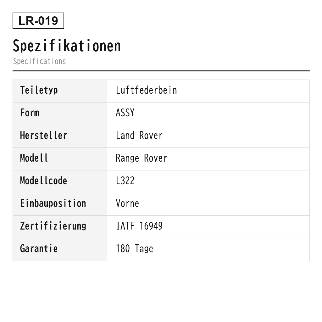 Land Rover Range Rover L322 2002-2012 Vorne Luftfederbein (LR032563, LR032570, LR051700, LR051702, RNB000060, RNB000070, RNB000740, RNB000750, RNB500540, RNB500550, RNB501340, RNB501350, RNB501400, RNB501410, RNB501520, RNB501530) 2