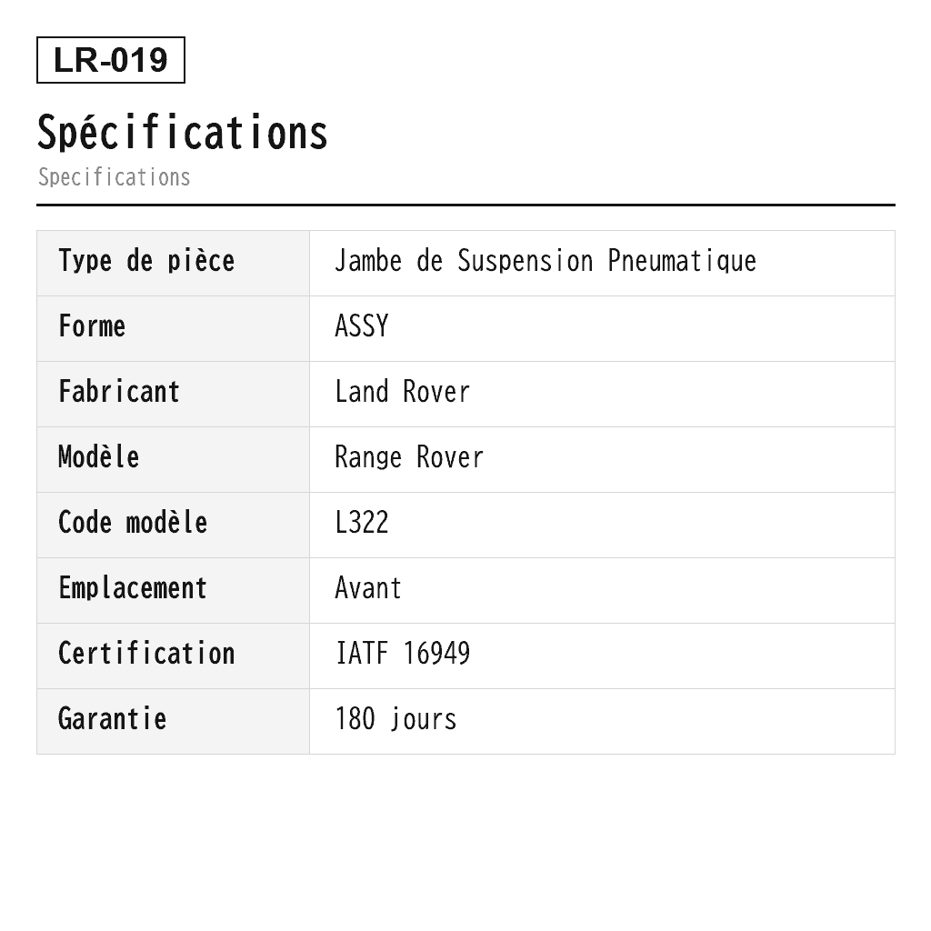 Land Rover Range Rover L322 2002-2012 Avant Jambe de Suspension Pneumatique (LR032563, LR032570, LR051700, LR051702, RNB000060, RNB000070, RNB000740, RNB000750, RNB500540, RNB500550, RNB501340, RNB501350, RNB501400, RNB501410, RNB501520, RNB501530) 2