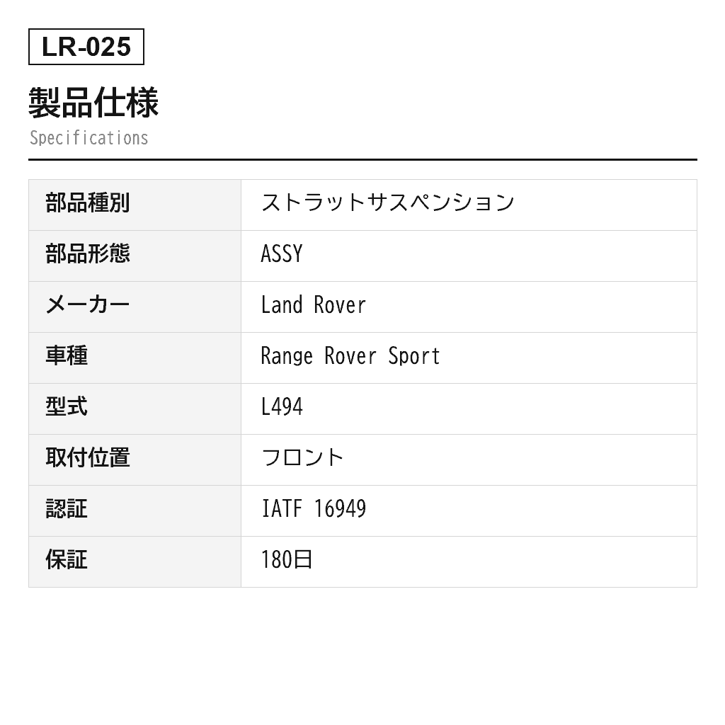 Land Rover（ランドローバー） Range Rover Sport L494 2014-2020 フロントエアサスペンションストラット（LR038804, LR038805, LR038806, LR038807, LR045101, LR052775, LR052776, LR052786, LR057256, LR057257, LR057258, LR057700, LR059160, LR060133, LR060137, LR060155, LR072214, LR072441, LR072458, LR072460, LR087089, LR087091, LR087092, LR087093, LR087094, LR087099, LR103607, LR103609） 2
