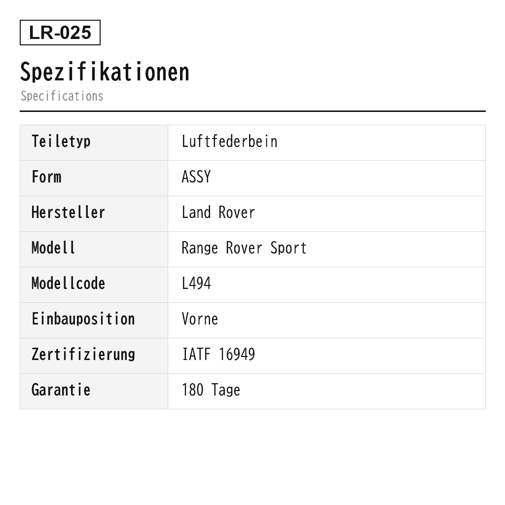 Land Rover Range Rover Sport L494 2014-2020 Vorne Luftfederbein (LR038804, LR038805, LR038806, LR038807, LR045101, LR052775, LR052776, LR052786, LR057256, LR057257, LR057258, LR057700, LR059160, LR060133, LR060137, LR060155, LR072214, LR072441, LR072458, LR072460, LR087089, LR087091, LR087092, LR087093, LR087094, LR087099, LR103607, LR103609) 2