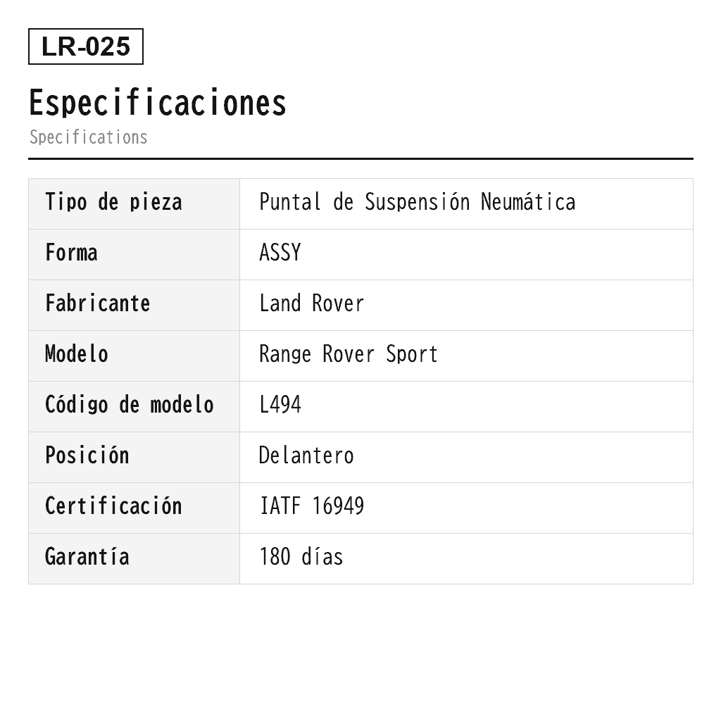 Land Rover Range Rover Sport L494 2014-2020 Delantero Puntal de Suspensión Neumática (LR038804, LR038805, LR038806, LR038807, LR045101, LR052775, LR052776, LR052786, LR057256, LR057257, LR057258, LR057700, LR059160, LR060133, LR060137, LR060155, LR072214, LR072441, LR072458, LR072460, LR087089, LR087091, LR087092, LR087093, LR087094, LR087099, LR103607, LR103609) 2
