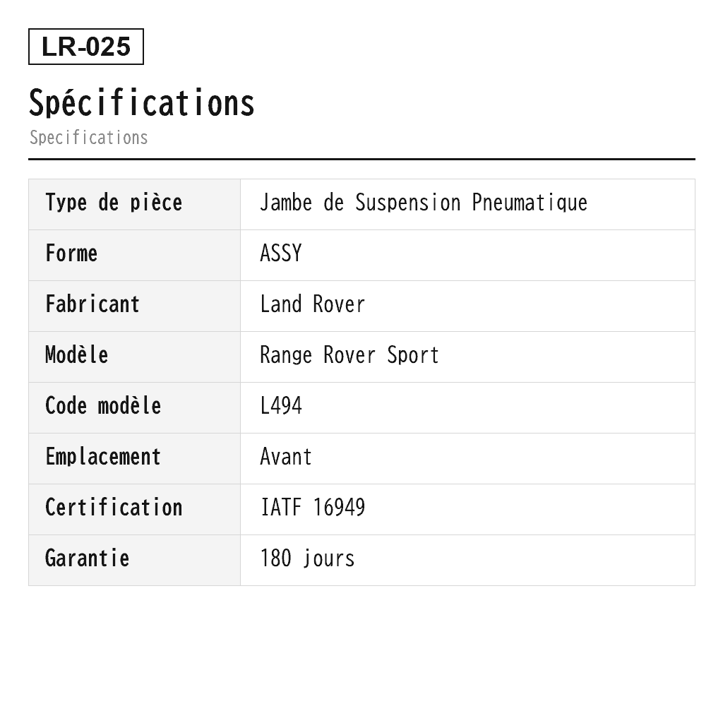 Land Rover Range Rover Sport L494 2014-2020 Avant Jambe de Suspension Pneumatique (LR038804, LR038805, LR038806, LR038807, LR045101, LR052775, LR052776, LR052786, LR057256, LR057257, LR057258, LR057700, LR059160, LR060133, LR060137, LR060155, LR072214, LR072441, LR072458, LR072460, LR087089, LR087091, LR087092, LR087093, LR087094, LR087099, LR103607, LR103609) 2