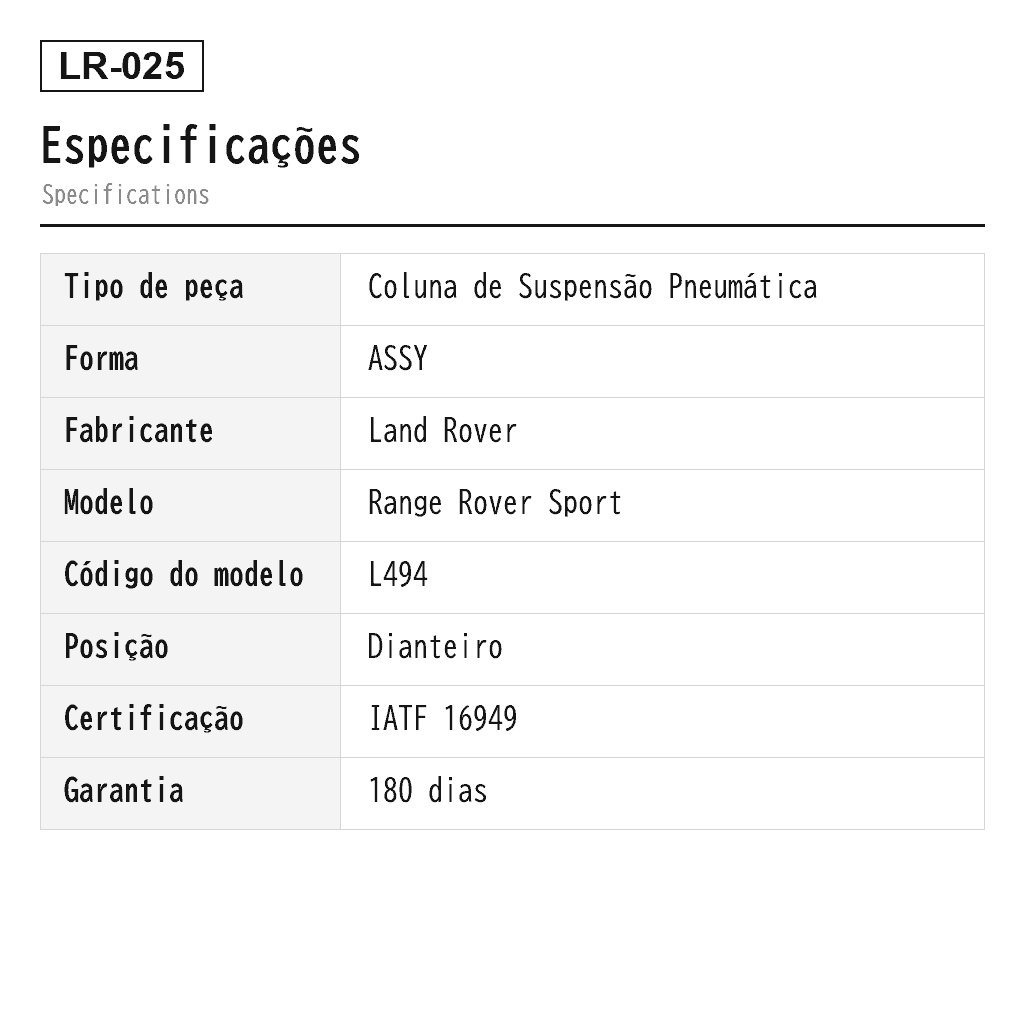 Land Rover Range Rover Sport L494 2014-2020 Dianteiro Coluna de Suspensão Pneumática (LR038804, LR038805, LR038806, LR038807, LR045101, LR052775, LR052776, LR052786, LR057256, LR057257, LR057258, LR057700, LR059160, LR060133, LR060137, LR060155, LR072214, LR072441, LR072458, LR072460, LR087089, LR087091, LR087092, LR087093, LR087094, LR087099, LR103607, LR103609) 2