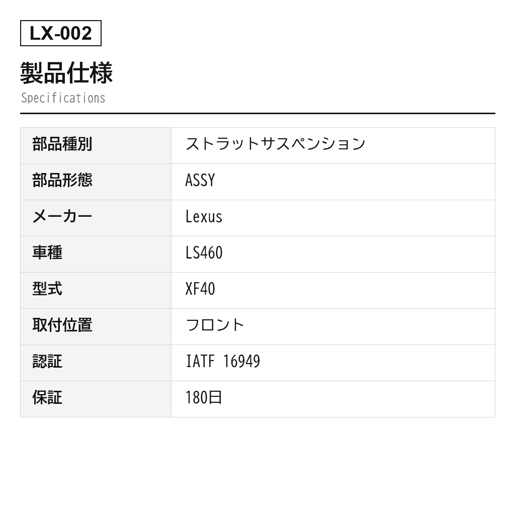 Lexus（レクサス） LS460 XF40 2007-2017 フロントエアサスペンションストラット（48010-50150, 48010-50240, 48010-50320, 48010-50321, 48010-50330, 48010-50340, 48010-50341, 48010-50361, 48010-50370, 48010-50371, 48020-50150, 48020-50240, 48020-50242, 48020-50253, 48020-50270, 48020-50271, 48020-50290, 48020-50291, 48020-50300, 48020-50310, 48020-50320, 48020-50321, 48020-50330, 48020-50340, 48020-50341, 48020-50360, 48020-50361, 48020-50370, 48020-50371, 4801050242, 4801050251, 4801050253, 4801050260, 4801050261, 4801050270, 4801050271, 4801050290, 4801050291, 4801050300, 4801050301, 4801050310, 4801050331, 4801050360） 2