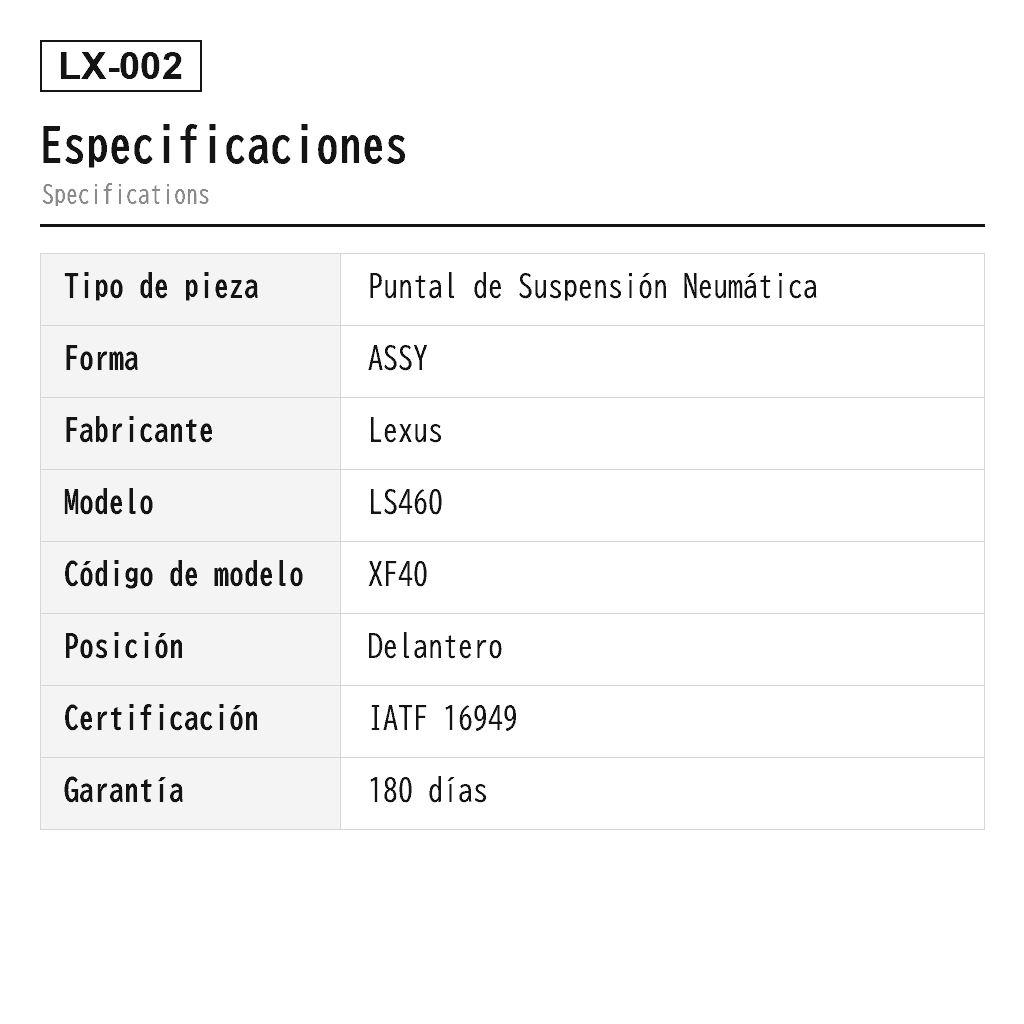 Lexus LS460 XF40 2007-2017 Delantero Puntal de Suspensión Neumática (48010-50150, 48010-50240, 48010-50320, 48010-50321, 48010-50330, 48010-50340, 48010-50341, 48010-50361, 48010-50370, 48010-50371, 48020-50150, 48020-50240, 48020-50242, 48020-50253, 48020-50270, 48020-50271, 48020-50290, 48020-50291, 48020-50300, 48020-50310, 48020-50320, 48020-50321, 48020-50330, 48020-50340, 48020-50341, 48020-50360, 48020-50361, 48020-50370, 48020-50371, 4801050242, 4801050251, 4801050253, 4801050260, 4801050261, 4801050270, 4801050271, 4801050290, 4801050291, 4801050300, 4801050301, 4801050310, 4801050331, 4801050360) 2