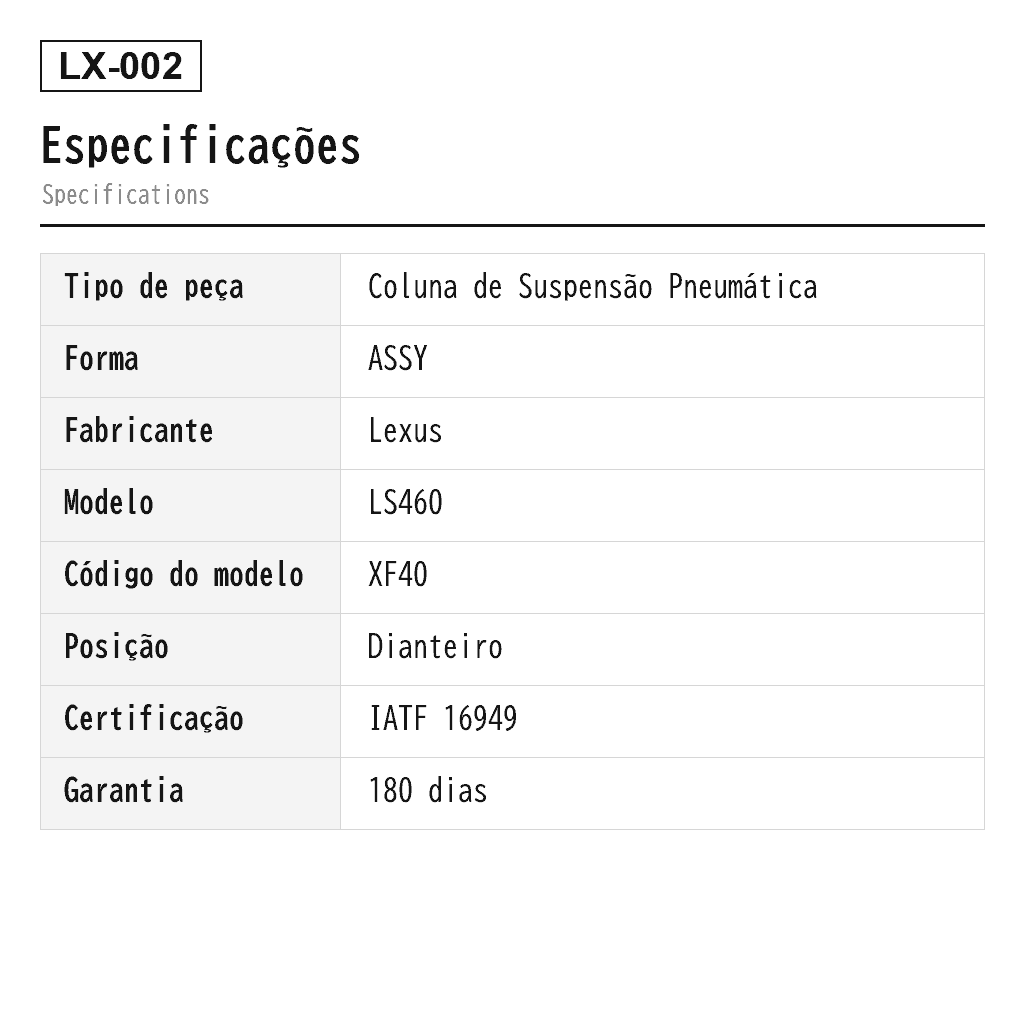 Lexus LS460 XF40 2007-2017 Dianteiro Coluna de Suspensão Pneumática (48010-50150, 48010-50240, 48010-50320, 48010-50321, 48010-50330, 48010-50340, 48010-50341, 48010-50361, 48010-50370, 48010-50371, 48020-50150, 48020-50240, 48020-50242, 48020-50253, 48020-50270, 48020-50271, 48020-50290, 48020-50291, 48020-50300, 48020-50310, 48020-50320, 48020-50321, 48020-50330, 48020-50340, 48020-50341, 48020-50360, 48020-50361, 48020-50370, 48020-50371, 4801050242, 4801050251, 4801050253, 4801050260, 4801050261, 4801050270, 4801050271, 4801050290, 4801050291, 4801050300, 4801050301, 4801050310, 4801050331, 4801050360) 2