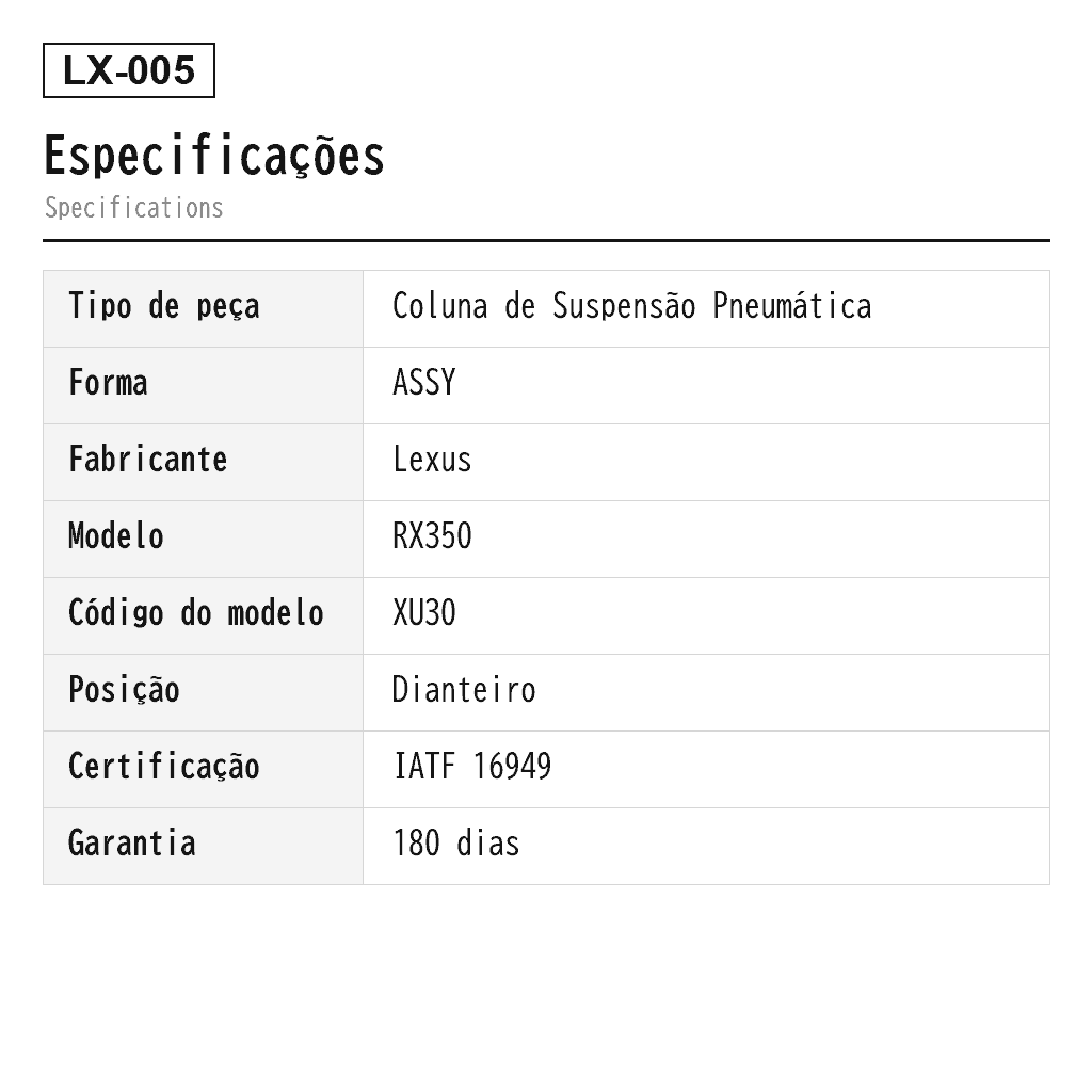 Lexus RX330 RX350 XU30 2004-2009 Dianteiro Coluna de Suspensão Pneumática (48010-48040, 48020-48040, 48020-48050, 48510-49155, 48510-49156, 48510-49157, 48510-49165, 48510-49245, 48510-49246, 48510-49255, 48510-49256, 48510-49265, 48510-49266) 2